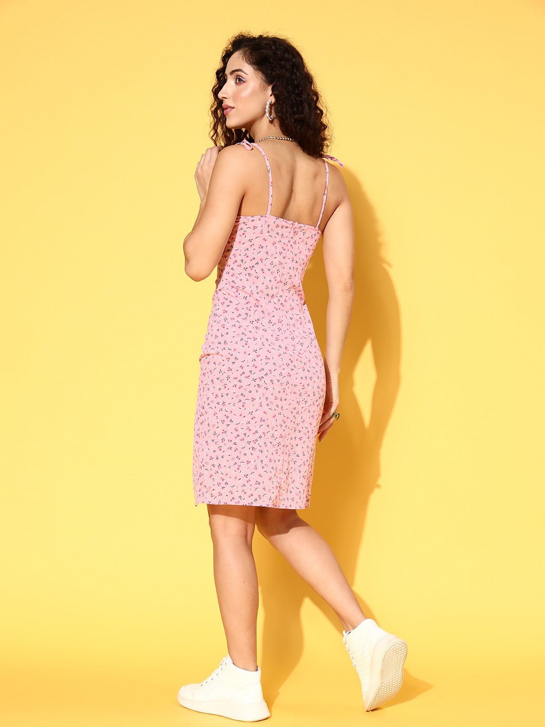 Folk Republic Women Pink & White Floral Printed Square Neck Tie-Up Strap Thigh-High Slit Straight Hem Sheath Midi Dress - #folk republic#