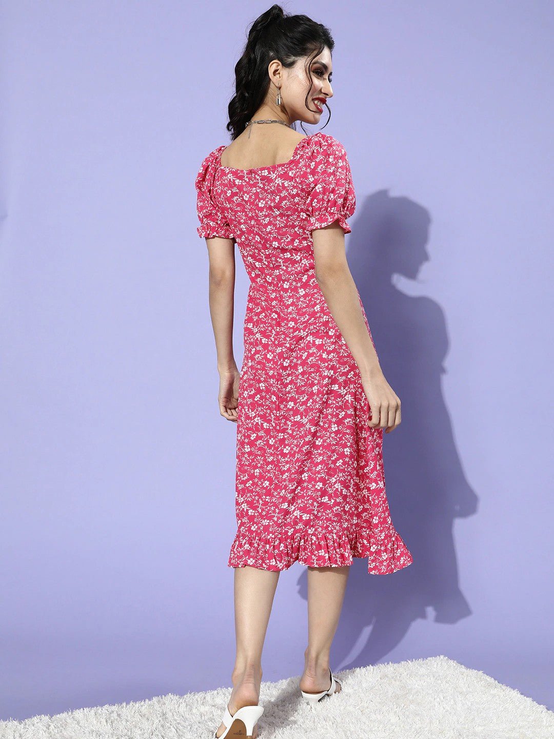 Folk Republic Women Pink & White Floral Printed Sweetheart Neck Crepe Ruffled A-Line Midi Dress - #folk republic#