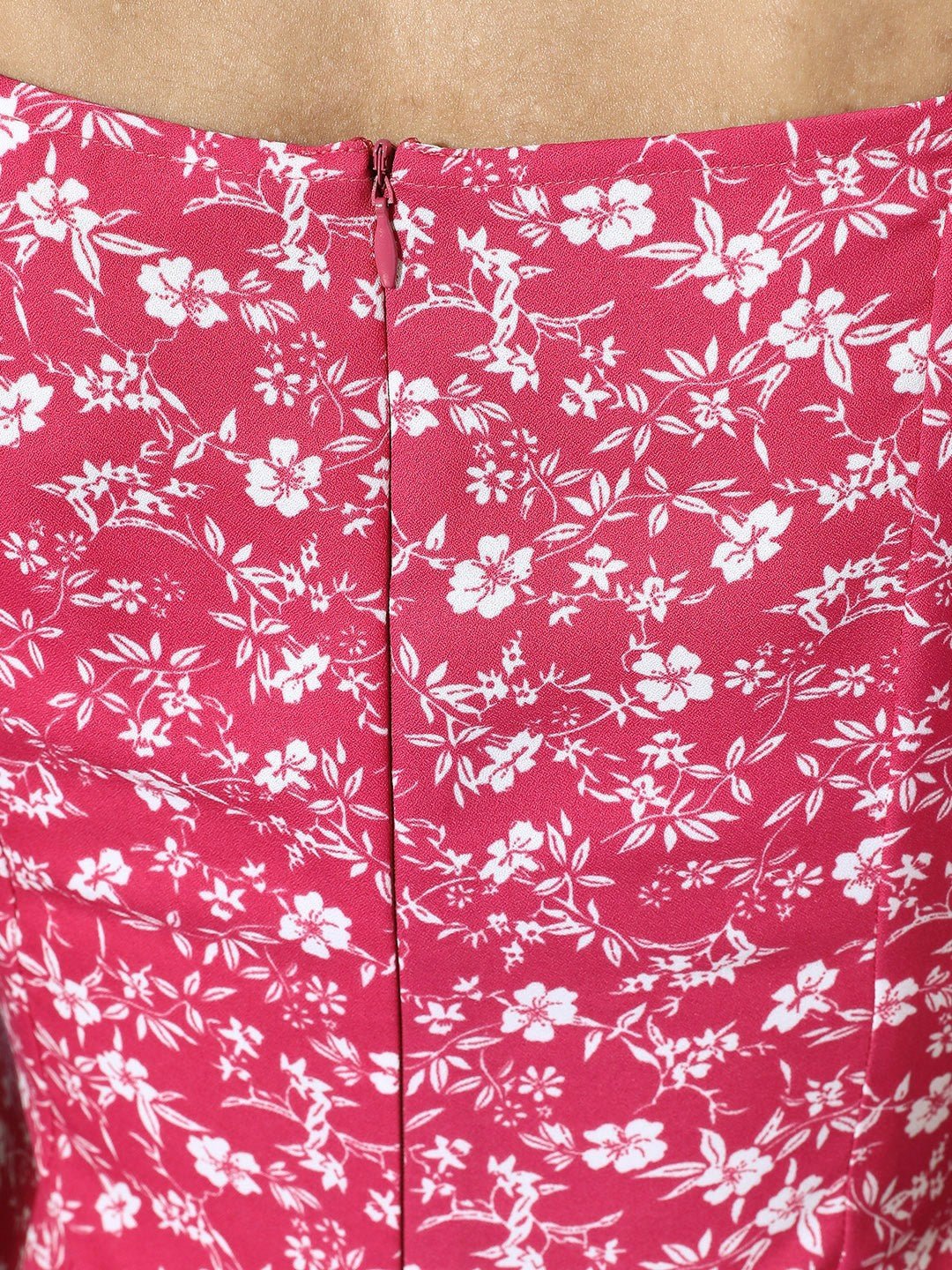 Folk Republic Women Pink & White Floral Printed Sweetheart Neck Crepe Ruffled A-Line Midi Dress - #folk republic#