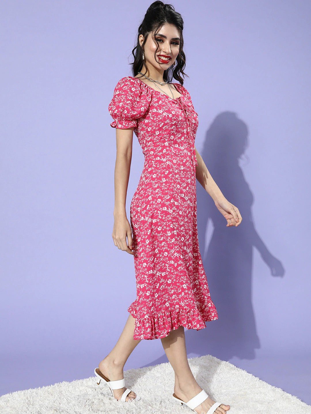 Folk Republic Women Pink & White Floral Printed Sweetheart Neck Crepe Ruffled A-Line Midi Dress - #folk republic#