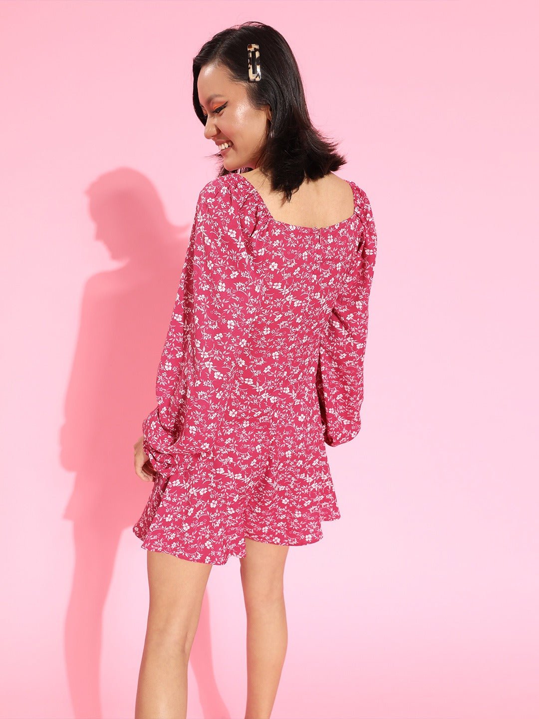 Folk Republic Women Pink & White Floral Printed Tie-Up Sweetheart Neck Flared A-Line Mini Dress - #folk republic#