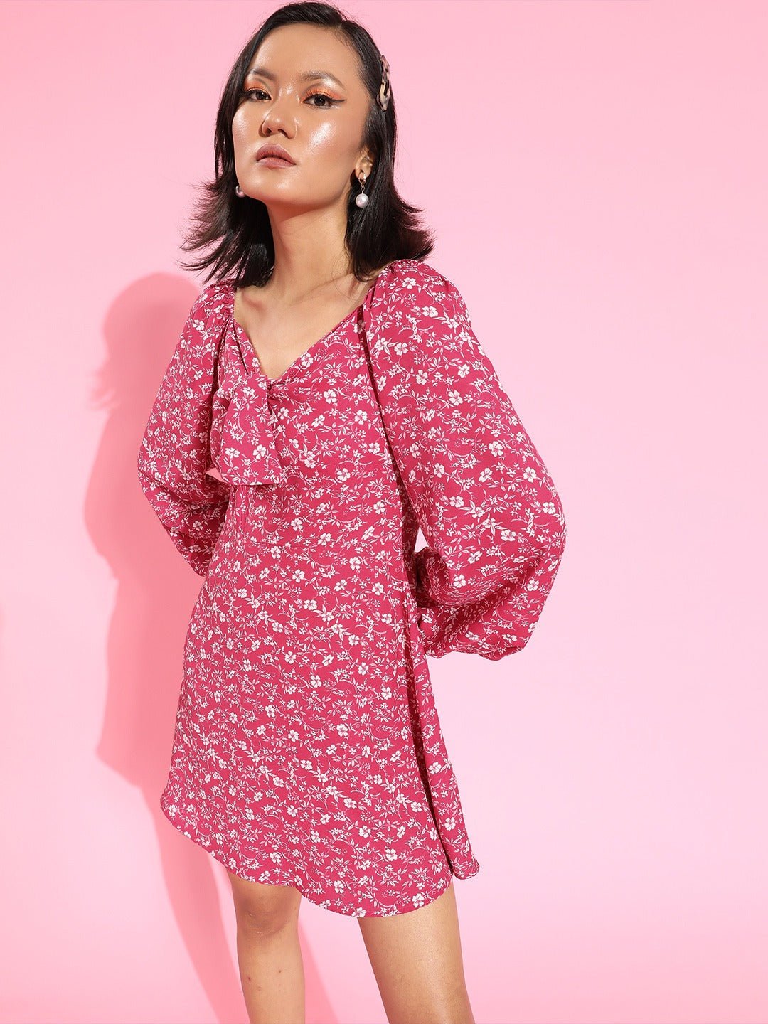 Folk Republic Women Pink & White Floral Printed Tie-Up Sweetheart Neck Flared A-Line Mini Dress - #folk republic#