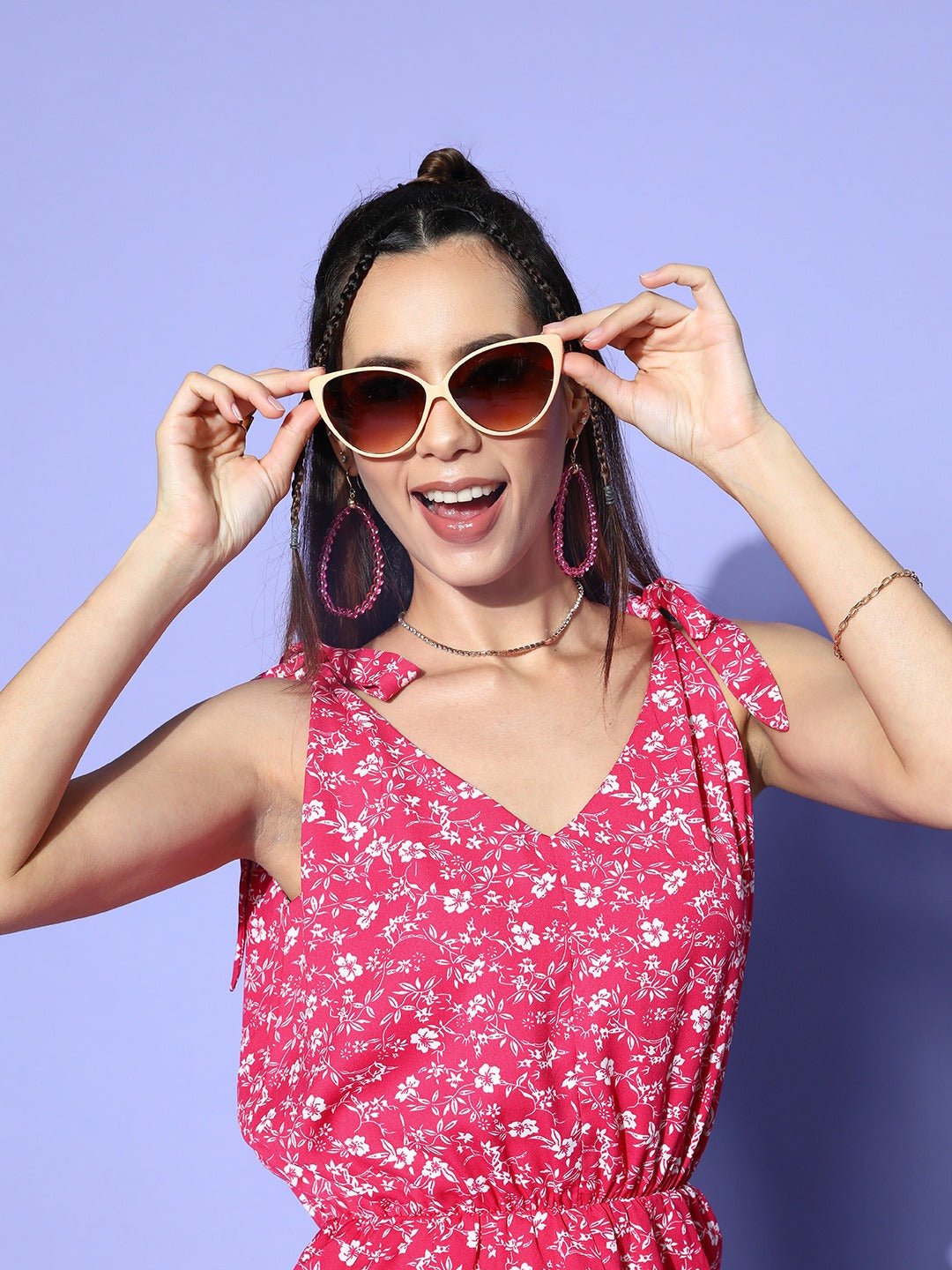 Folk Republic Women Pink & White Floral Printed V-Neck Tie-Up Straps Sleeveless Gathered Mini Jumpsuit - #folk republic#
