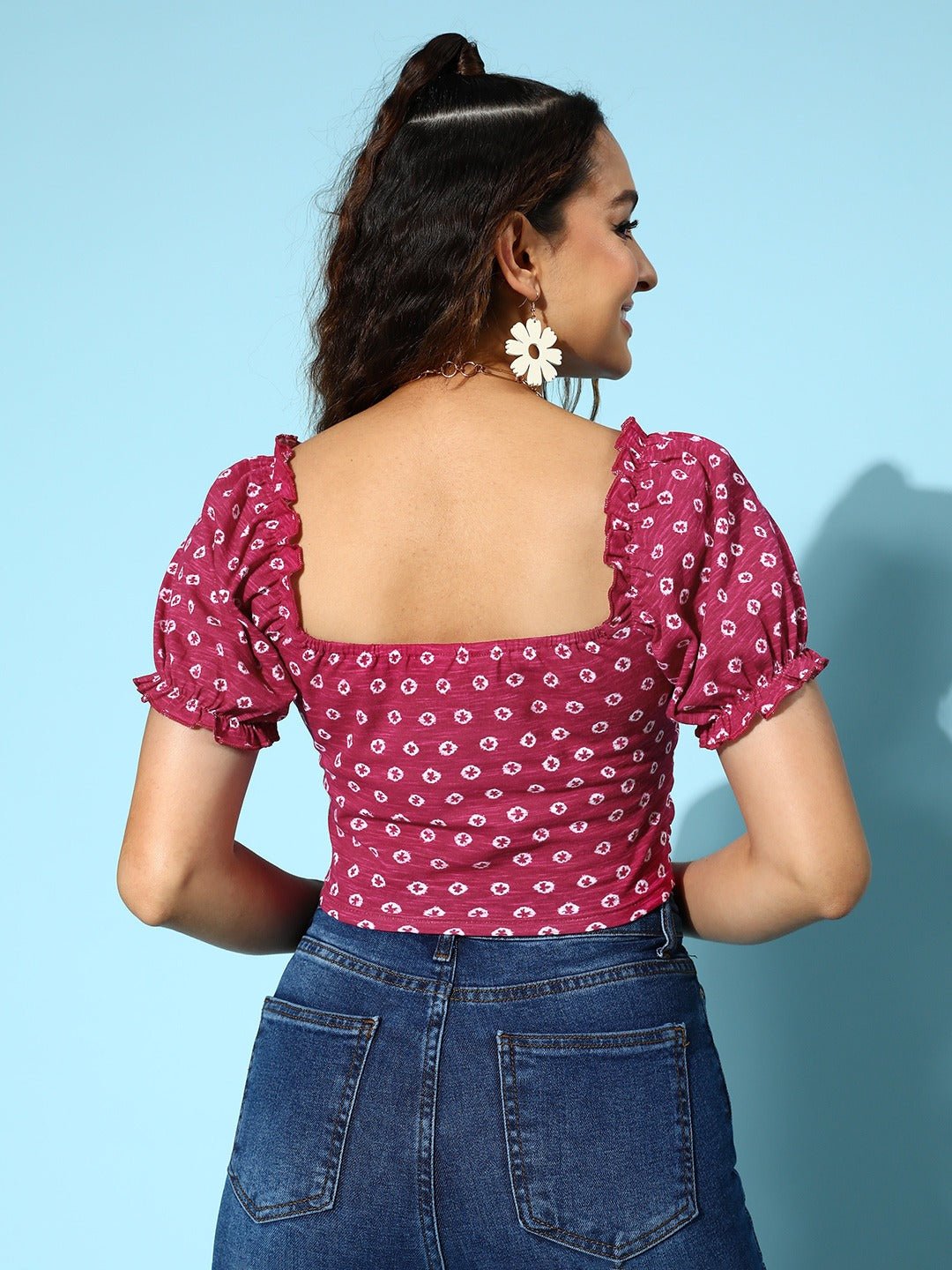 Folk Republic Women Pink & White Geometric Printed Square Neck Puff Sleeves Waist Tie-Up Cotton Knitted Crop Top - #folk republic#