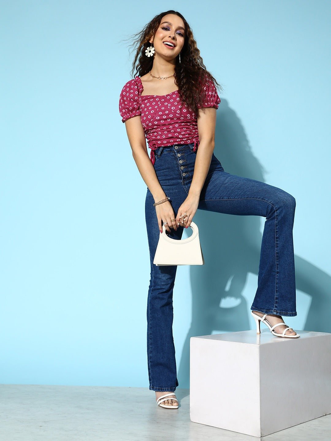 Folk Republic Women Pink & White Geometric Printed Square Neck Puff Sleeves Waist Tie-Up Cotton Knitted Crop Top - #folk republic#