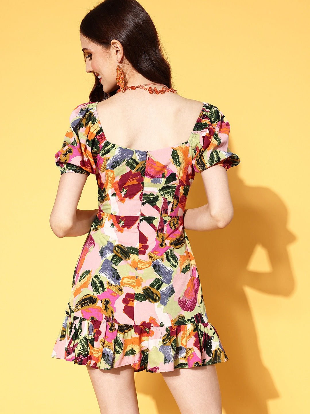 Folk Republic Women Pink & Yellow Abstract Printed Sweetheart Neck Ruffled A-Line Mini Dress - #folk republic#