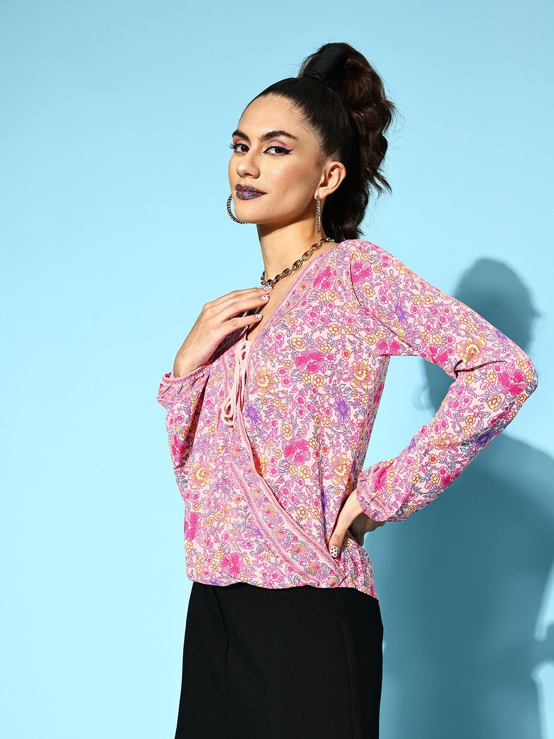 Folk Republic Women Pretty Pink Floral Print Tie-Up Regular Top - #folk republic#