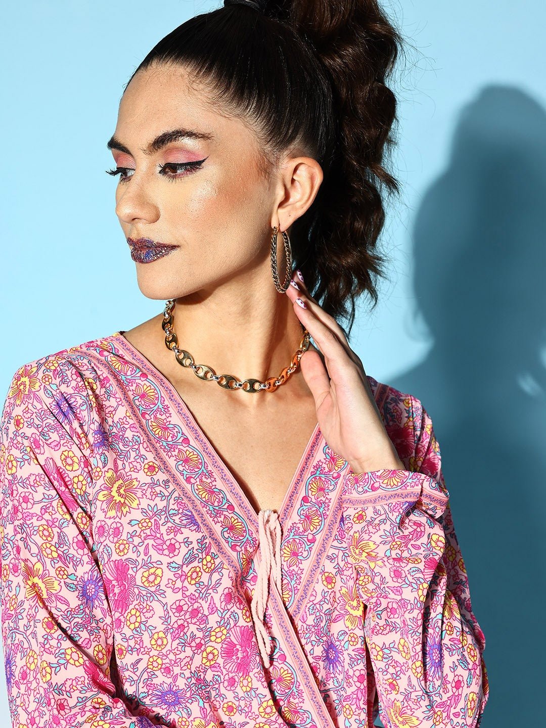 Folk Republic Women Pretty Pink Floral Print Tie-Up Regular Top - #folk republic#