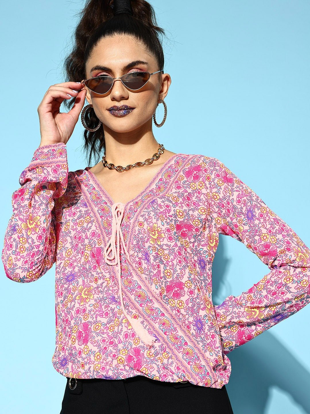 Folk Republic Women Pretty Pink Floral Print Tie-Up Regular Top - #folk republic#