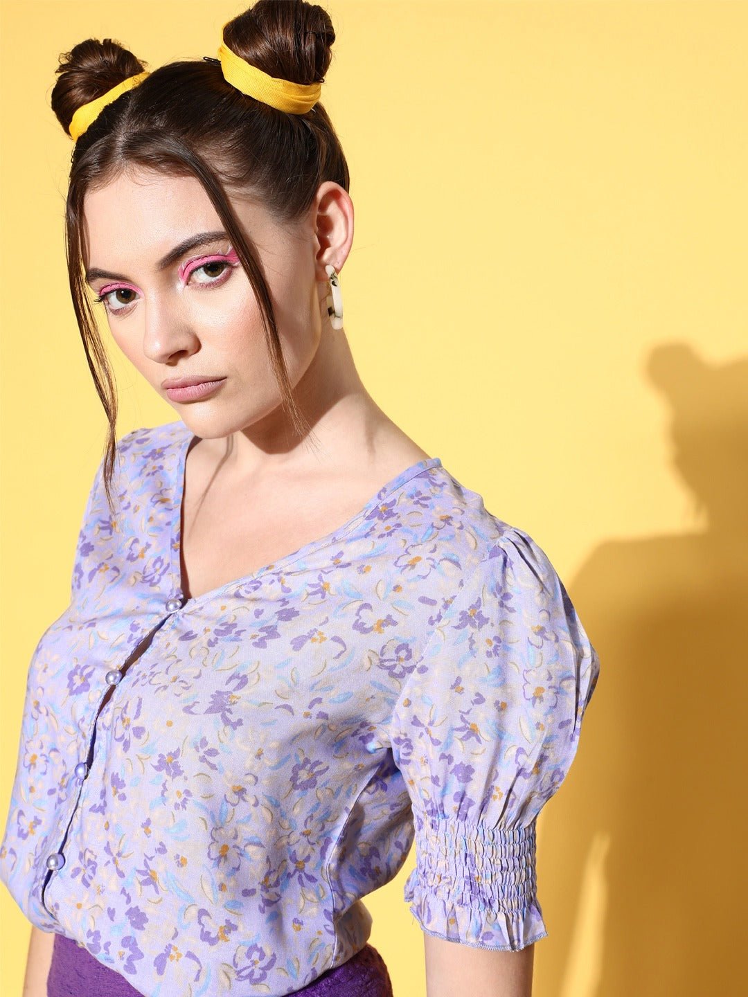 Folk Republic Women Purple & Blue Floral Printed V-Neck Front Button-Up Crepe Smocked Top - #folk republic#