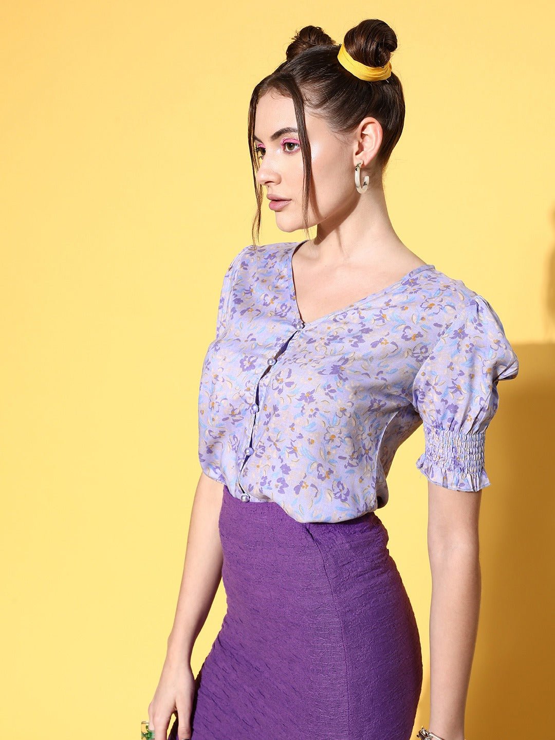 Folk Republic Women Purple & Blue Floral Printed V-Neck Front Button-Up Crepe Smocked Top - #folk republic#
