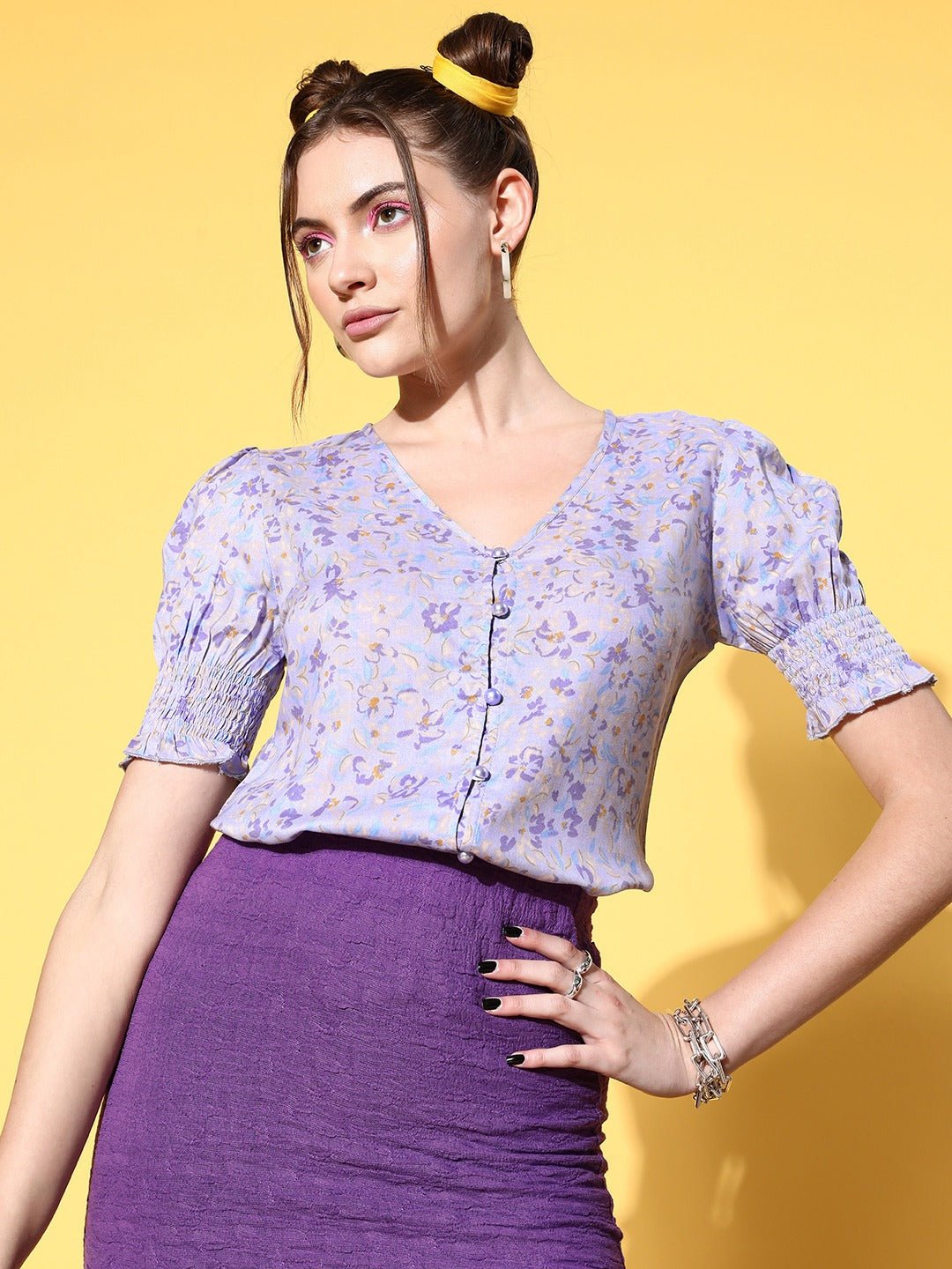 Folk Republic Women Purple & Blue Floral Printed V-Neck Front Button-Up Crepe Smocked Top - #folk republic#