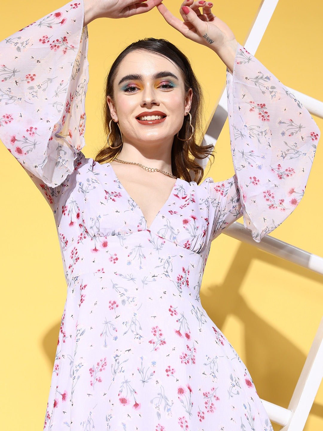 Folk Republic Women Purple & Pink Floral Printed V-Neck Bell Sleeves Chiffon Semi-Sheer Fit & Flare Mini Dress - #folk republic#
