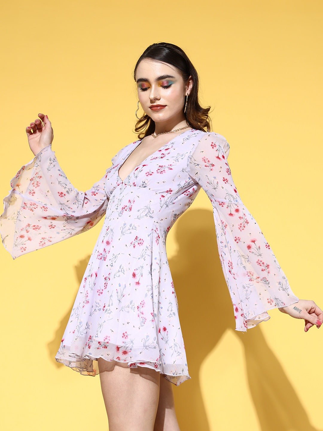 Folk Republic Women Purple & Pink Floral Printed V-Neck Bell Sleeves Chiffon Semi-Sheer Fit & Flare Mini Dress - #folk republic#