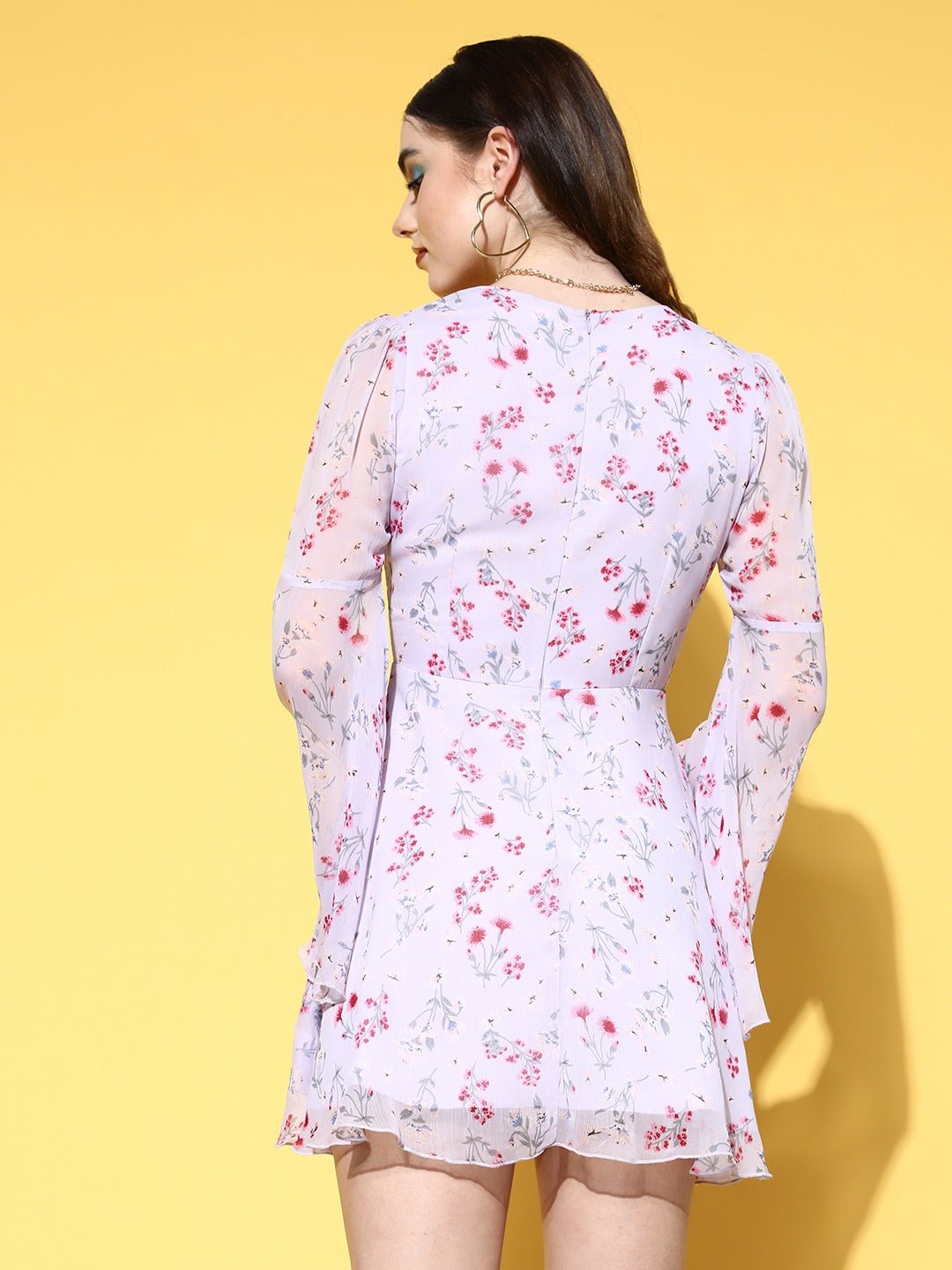Folk Republic Women Purple & Pink Floral Printed V-Neck Bell Sleeves Chiffon Semi-Sheer Fit & Flare Mini Dress - #folk republic#