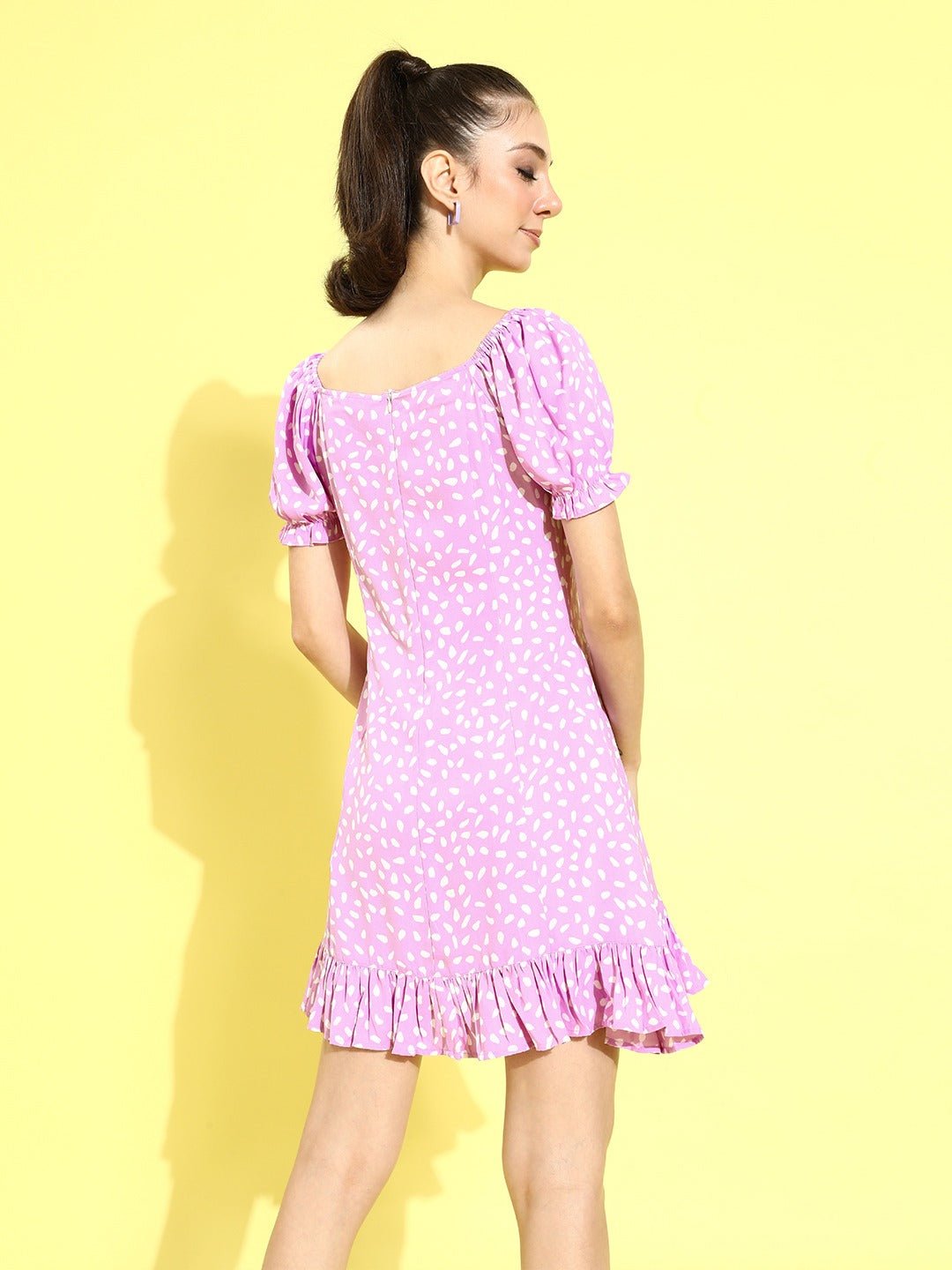Folk Republic Women Purple & White Abstract Printed Tie-Up Neck A-Line Mini Dress - #folk republic#