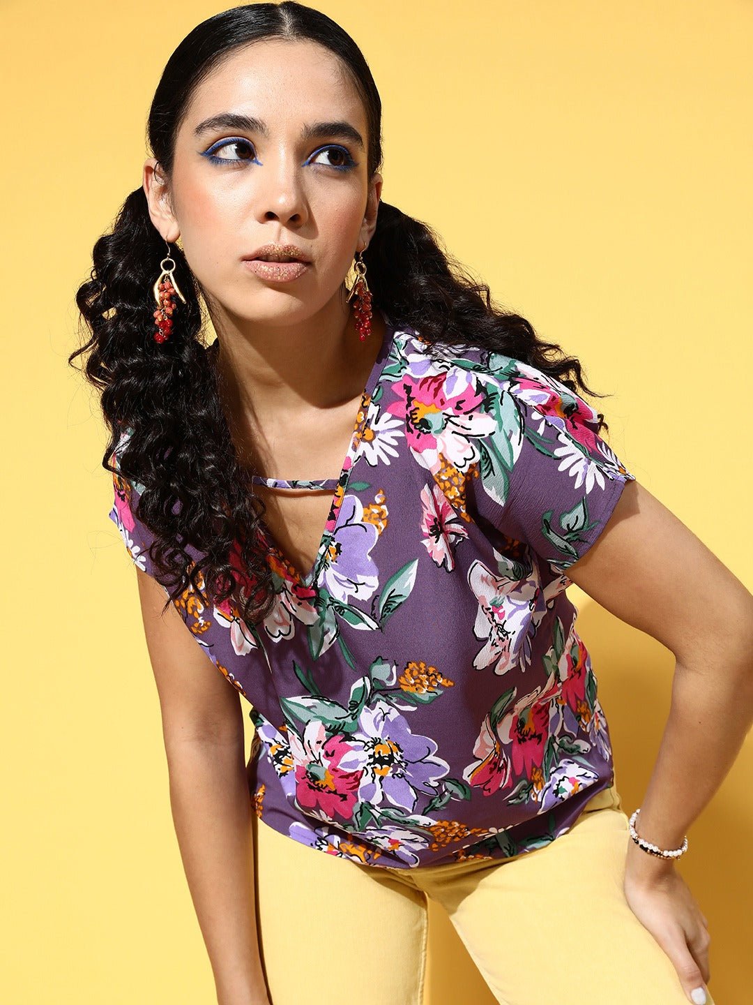 Folk Republic Women Purple & White Floral Printed V-Neck Woven Crepe Regular Top - #folk republic#