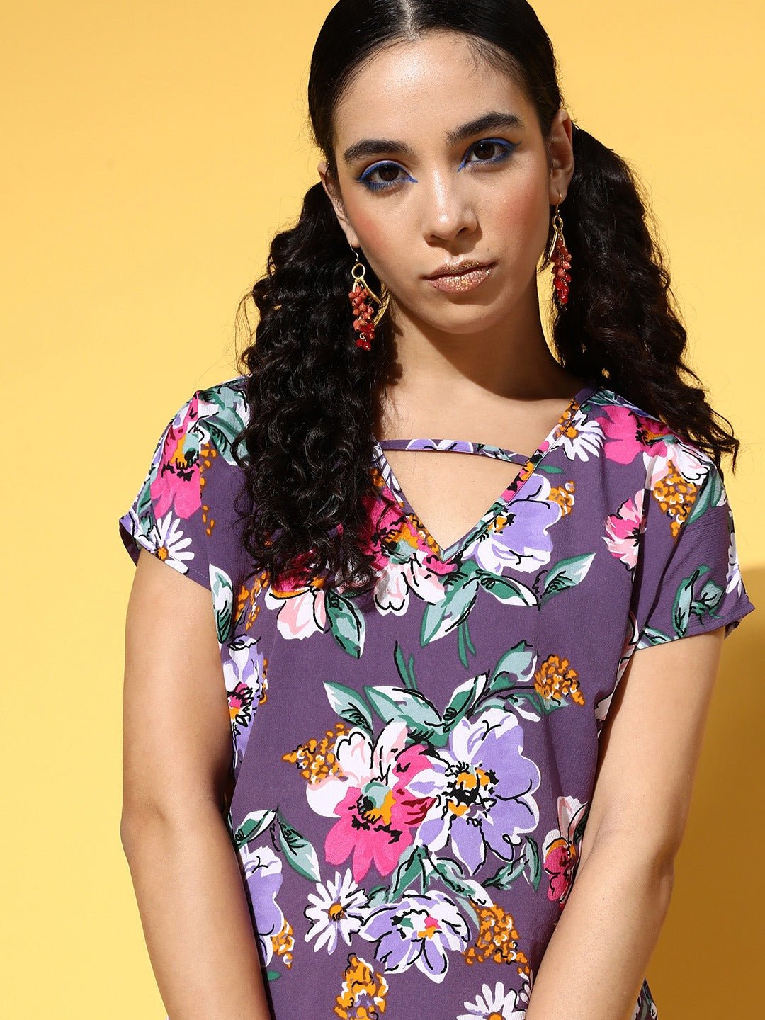 Folk Republic Women Purple & White Floral Printed V-Neck Woven Crepe Regular Top - #folk republic#