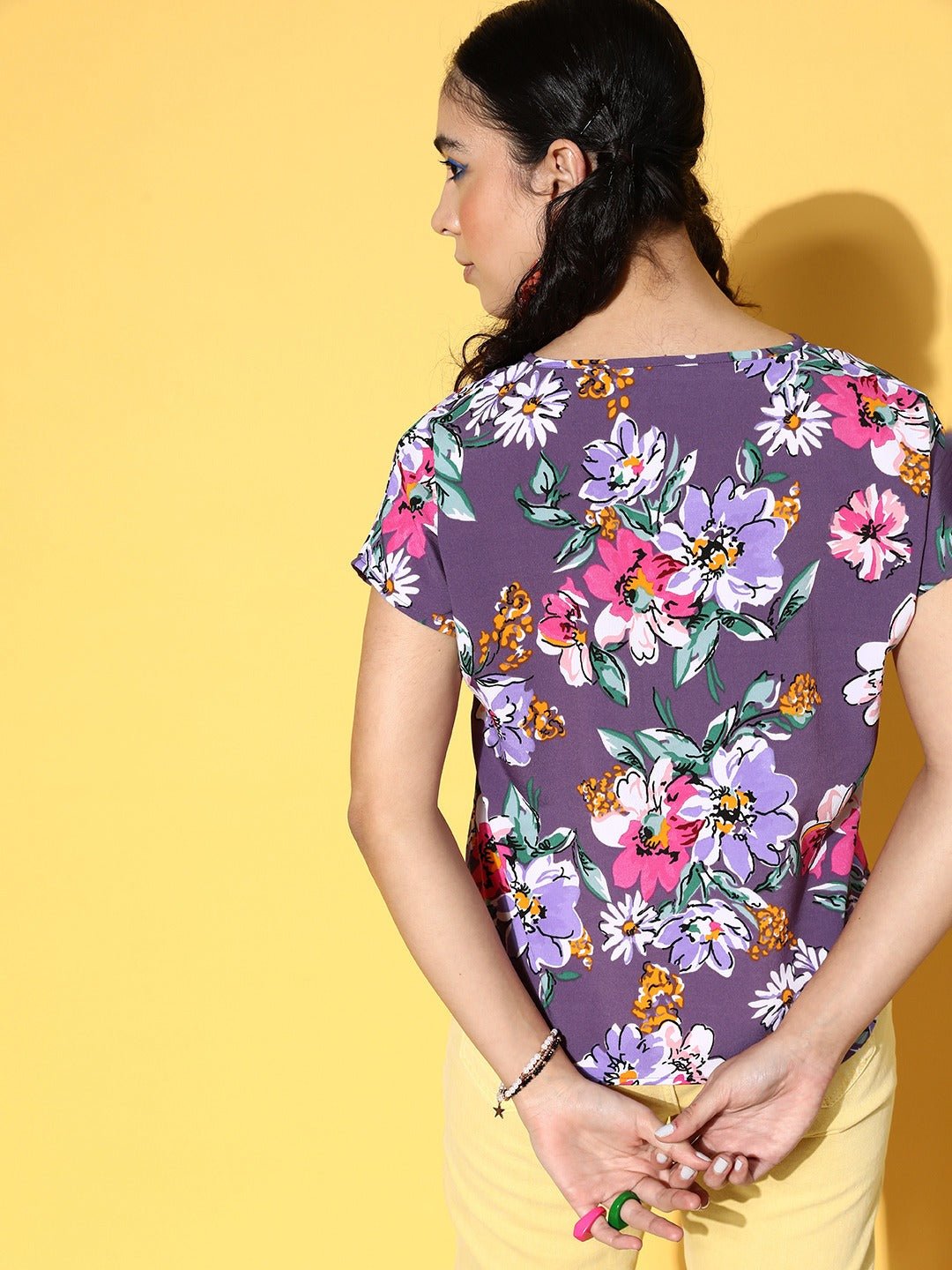 Folk Republic Women Purple & White Floral Printed V-Neck Woven Crepe Regular Top - #folk republic#