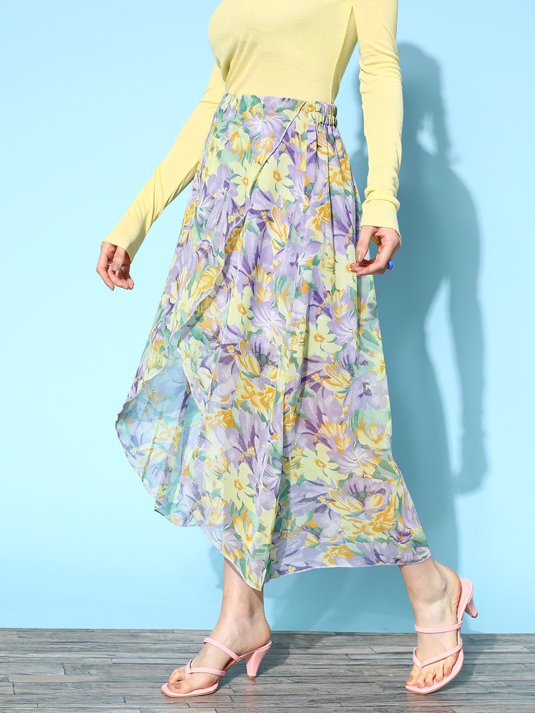 Folk Republic Women Purple & Yellow Floral Printed Georgette Partially Elastic Slip-On Waist Tulip Hem Layered Midi Skirt - #folk republic#