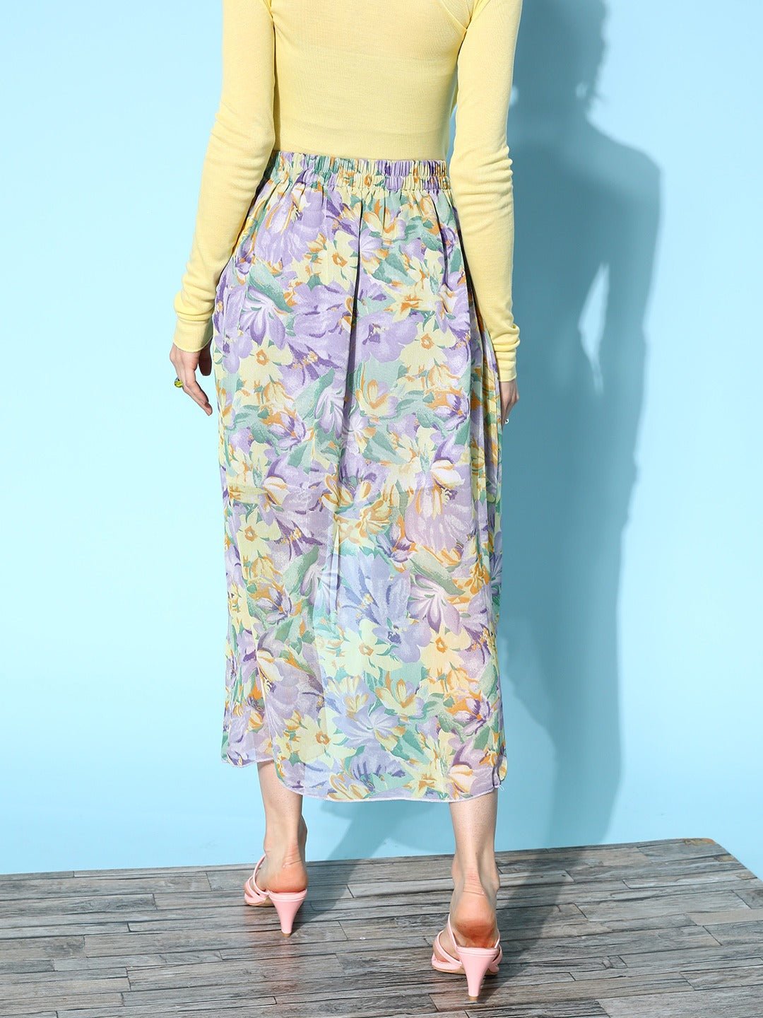 Folk Republic Women Purple & Yellow Floral Printed Georgette Partially Elastic Slip-On Waist Tulip Hem Layered Midi Skirt - #folk republic#