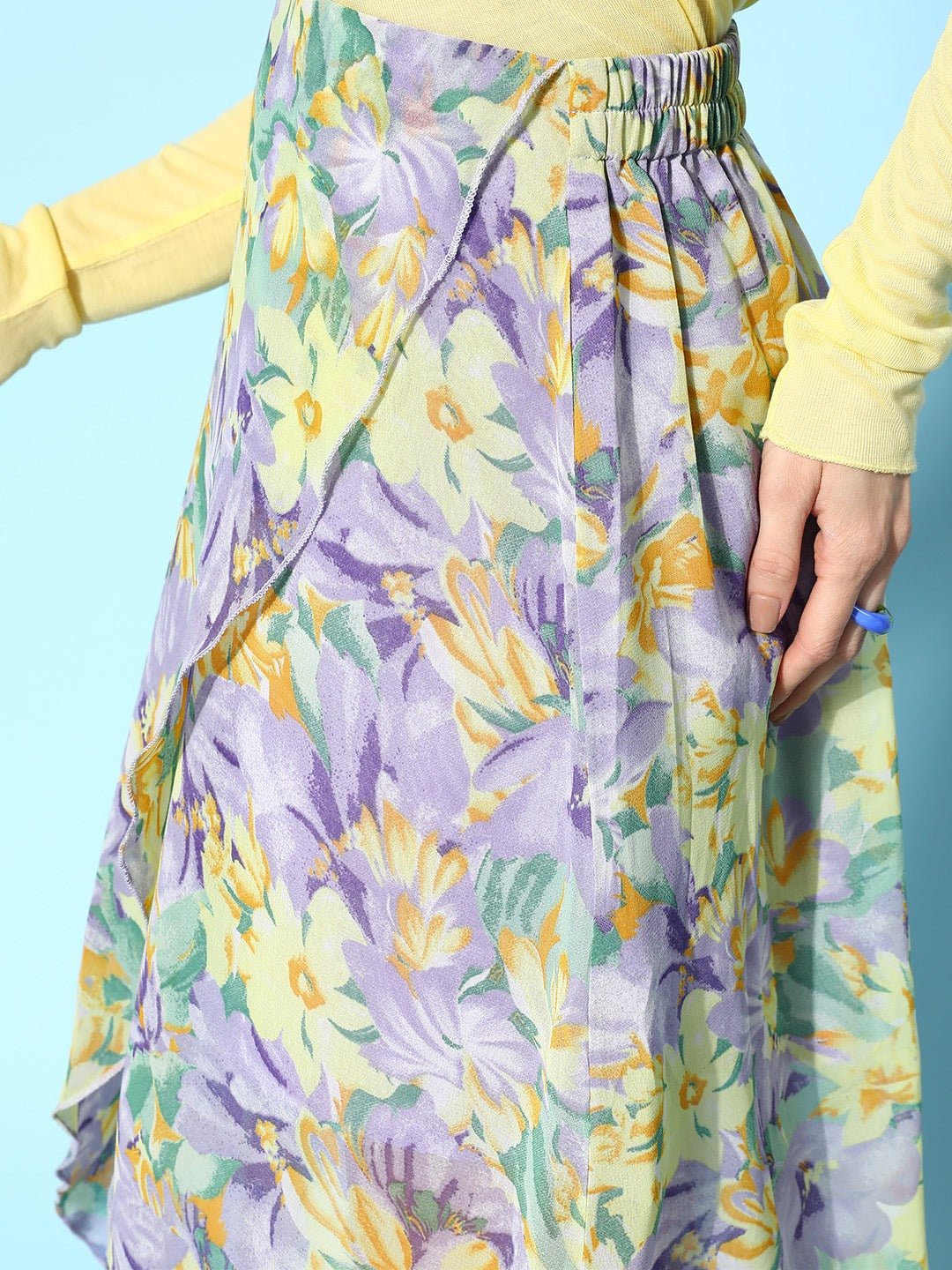 Folk Republic Women Purple & Yellow Floral Printed Georgette Partially Elastic Slip-On Waist Tulip Hem Layered Midi Skirt - #folk republic#