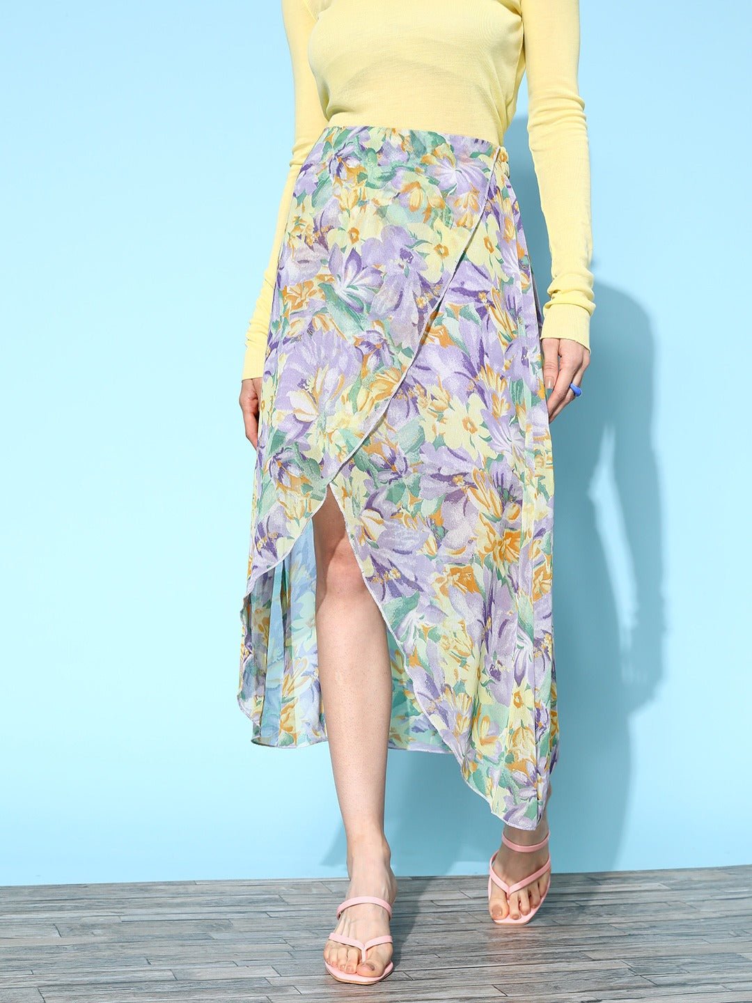 Folk Republic Women Purple & Yellow Floral Printed Georgette Partially Elastic Slip-On Waist Tulip Hem Layered Midi Skirt - #folk republic#
