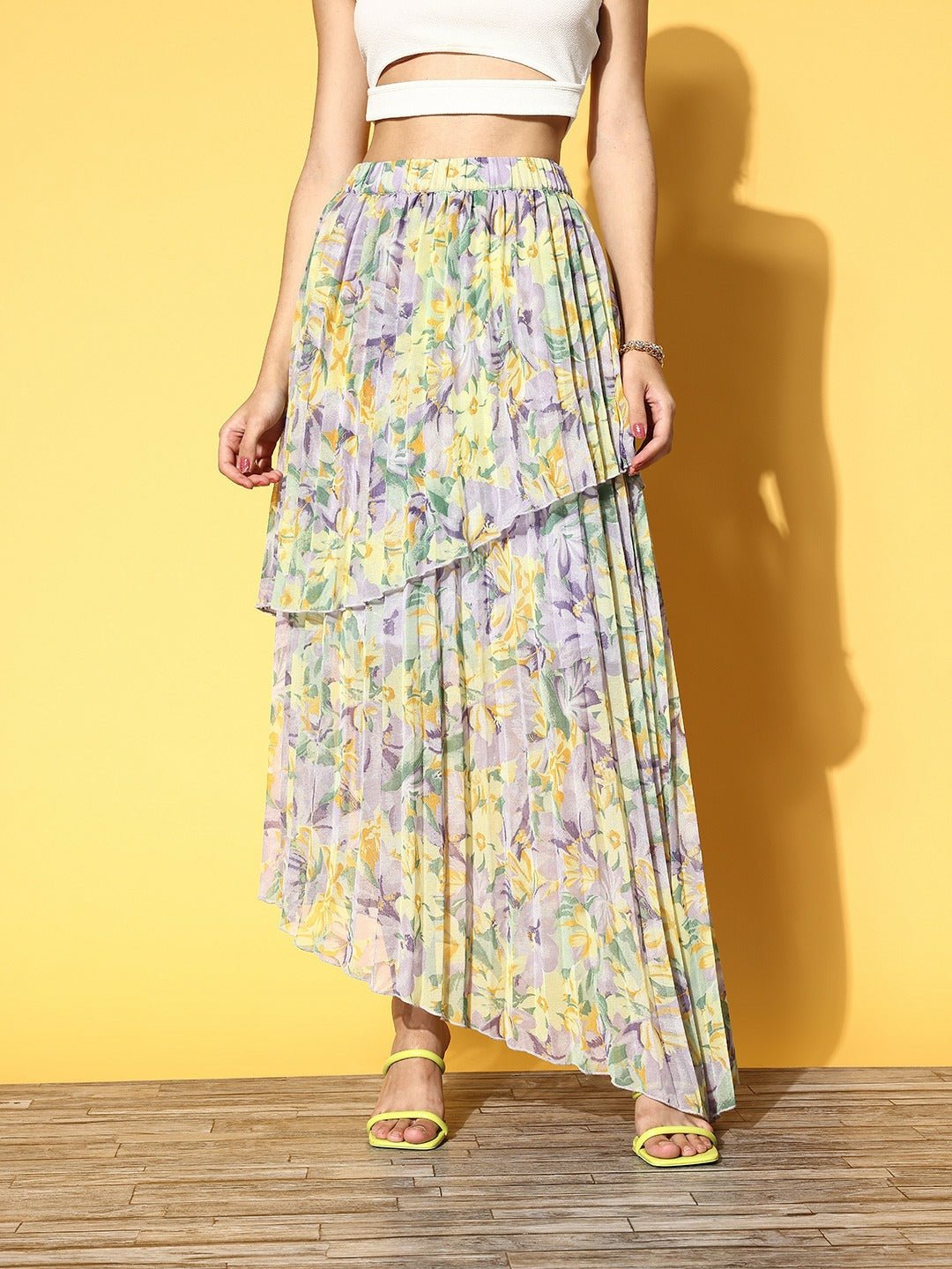 Folk Republic Women Purple & Yellow Floral Printed Slip-On Elastic Waist Georgette Pleated Maxi Skirt - #folk republic#