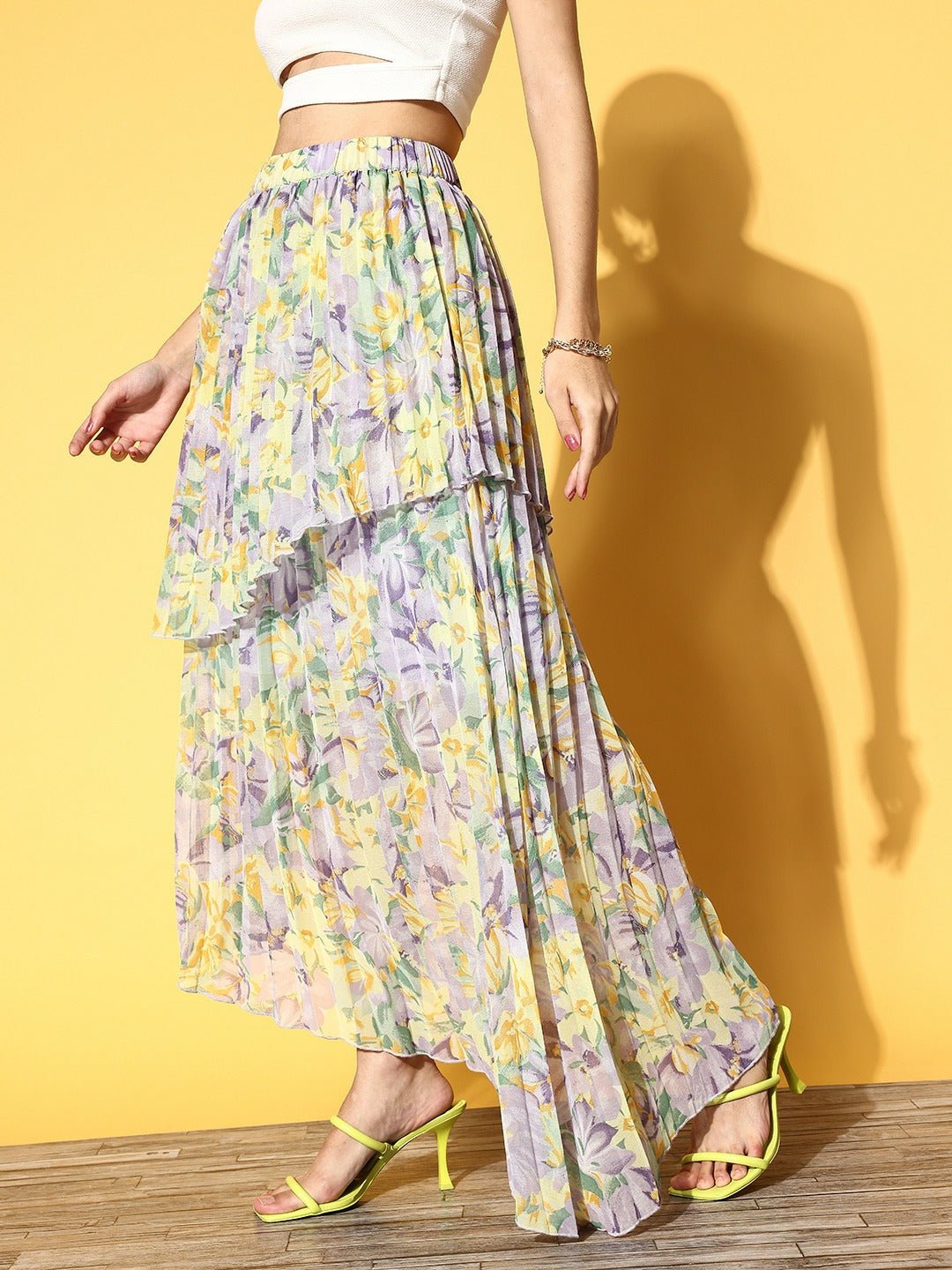 Folk Republic Women Purple & Yellow Floral Printed Slip-On Elastic Waist Georgette Pleated Maxi Skirt - #folk republic#