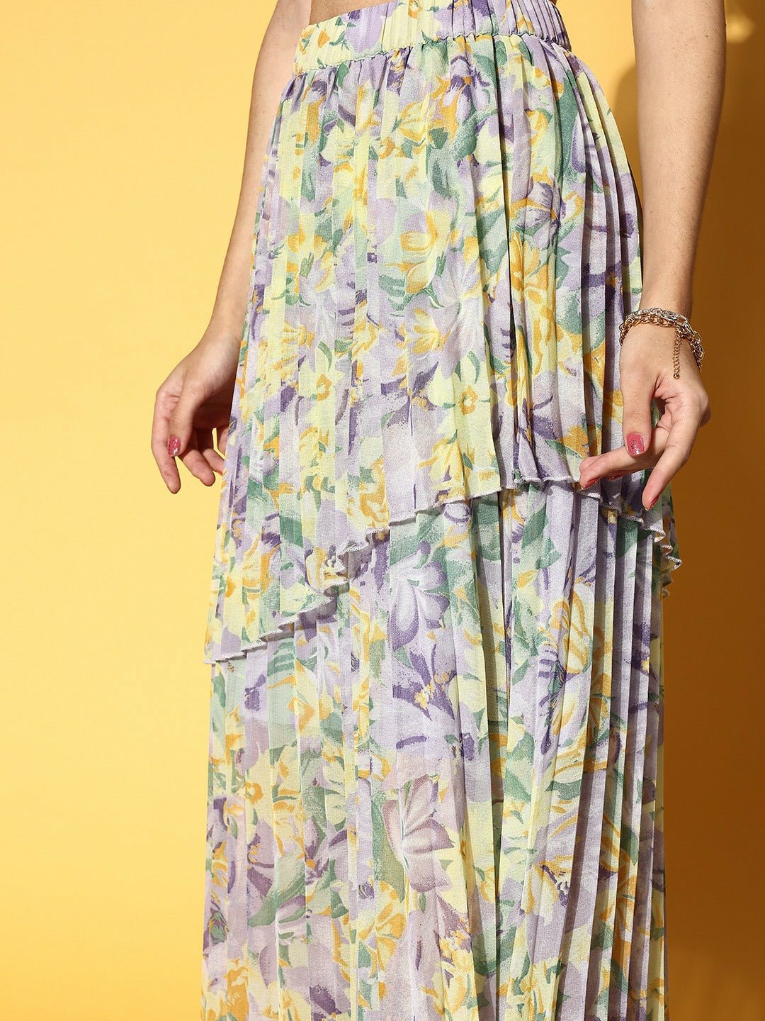 Folk Republic Women Purple & Yellow Floral Printed Slip-On Elastic Waist Georgette Pleated Maxi Skirt - #folk republic#