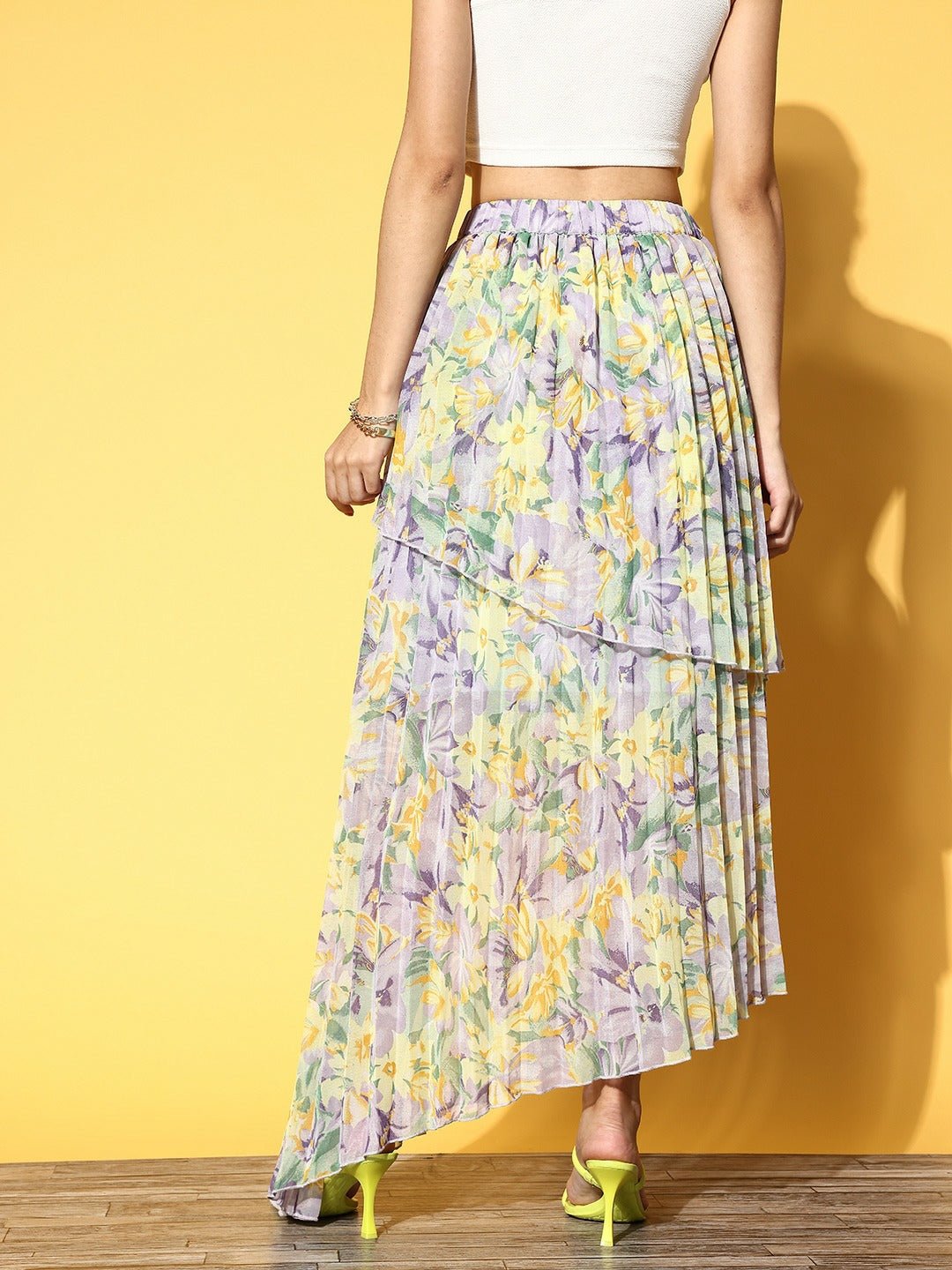 Folk Republic Women Purple & Yellow Floral Printed Slip-On Elastic Waist Georgette Pleated Maxi Skirt - #folk republic#