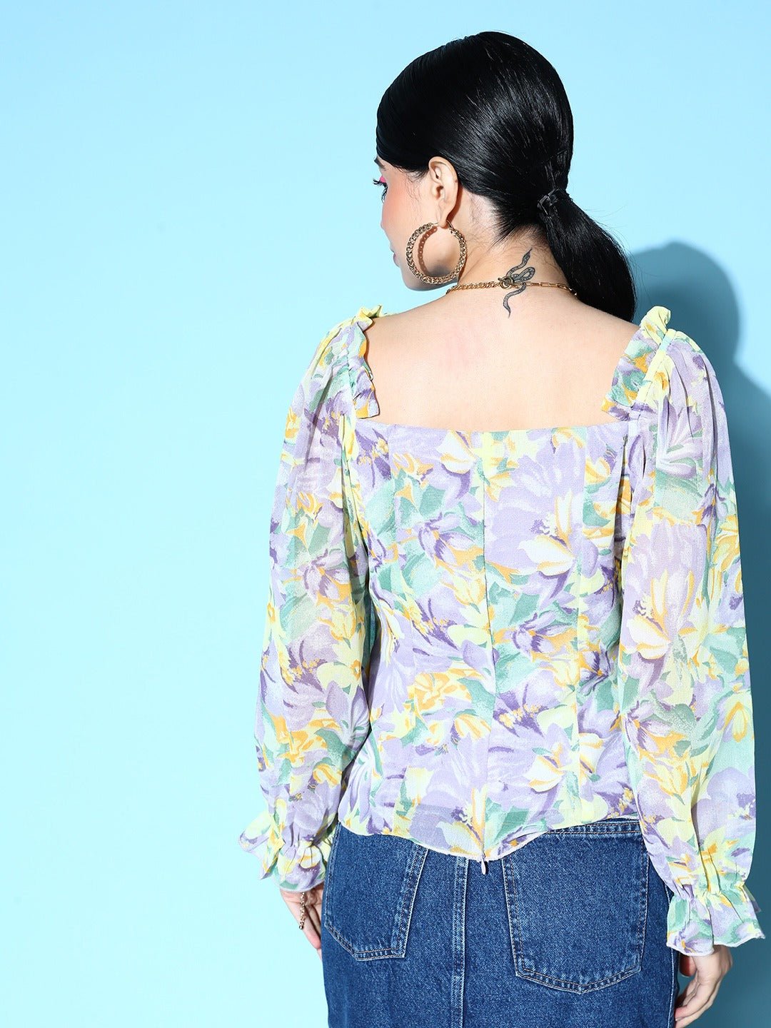 Folk Republic Women Purple & Yellow Floral Printed Sweetheart Neck Georgette Knitted Regular Top - #folk republic#