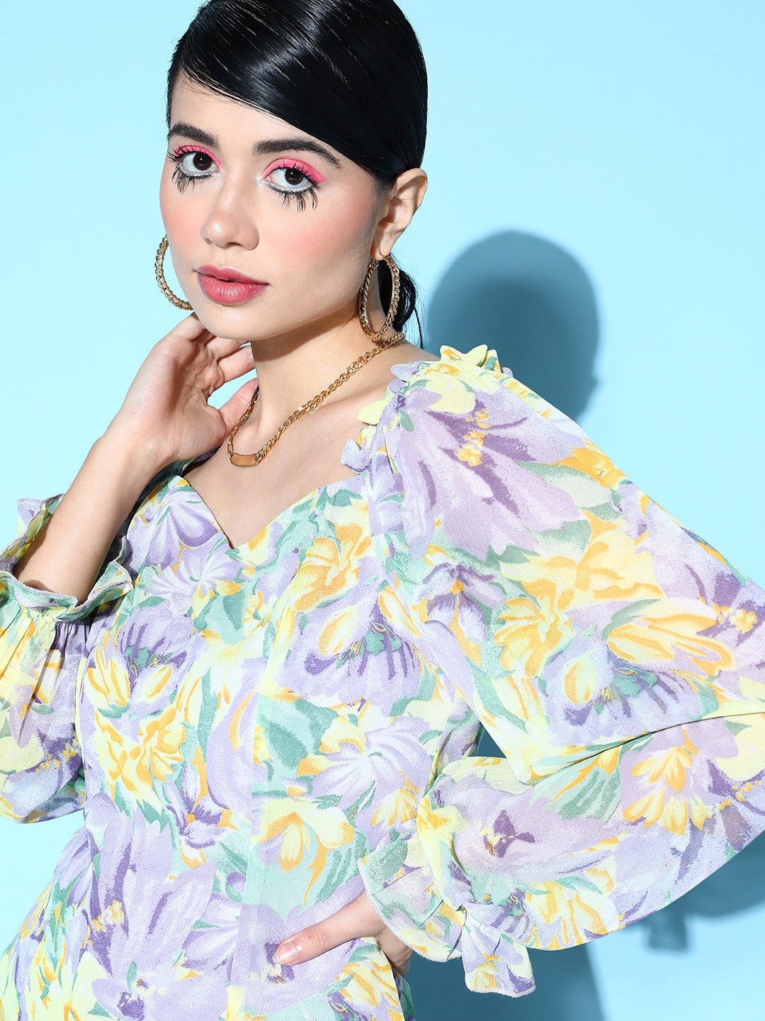 Folk Republic Women Purple & Yellow Floral Printed Sweetheart Neck Georgette Knitted Regular Top - #folk republic#
