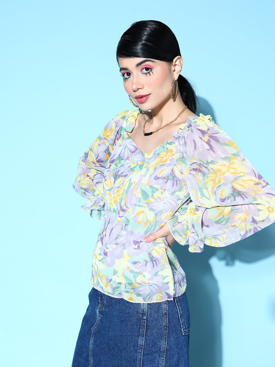 Folk Republic Women Purple & Yellow Floral Printed Sweetheart Neck Georgette Knitted Regular Top - #folk republic#