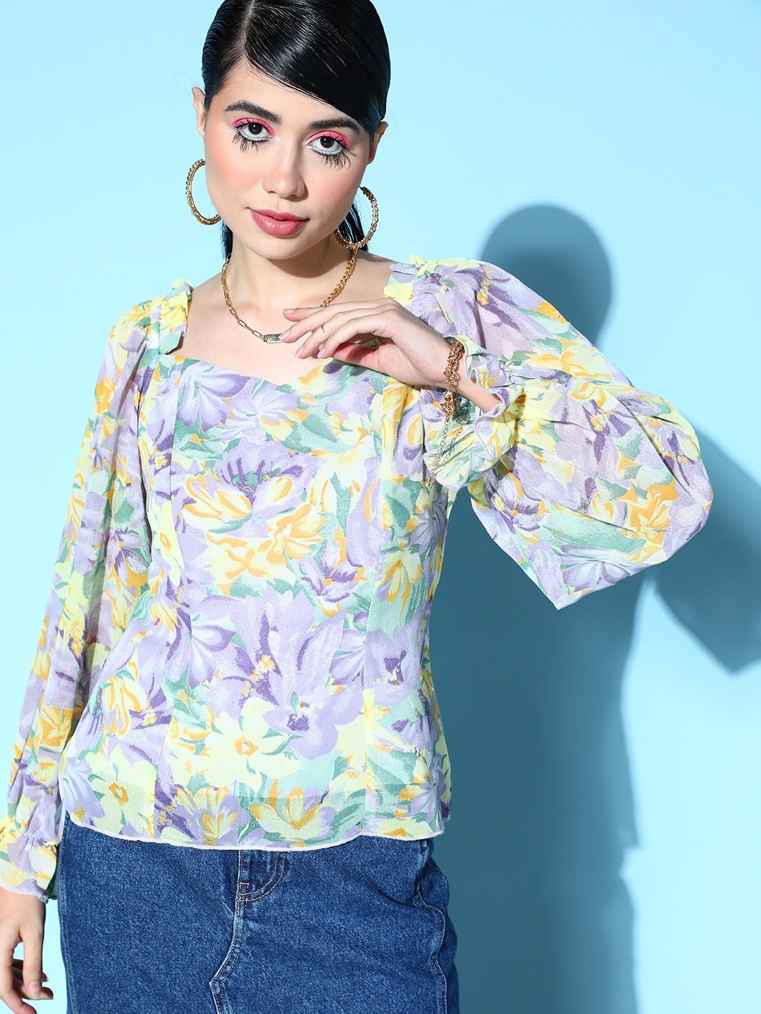 Folk Republic Women Purple & Yellow Floral Printed Sweetheart Neck Georgette Knitted Regular Top - #folk republic#