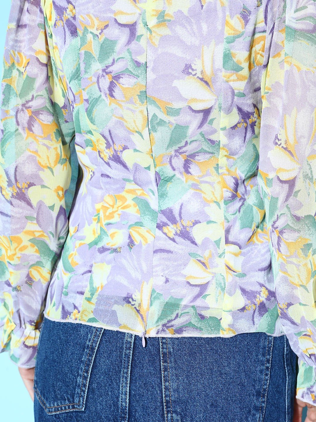 Folk Republic Women Purple & Yellow Floral Printed Sweetheart Neck Georgette Knitted Regular Top - #folk republic#