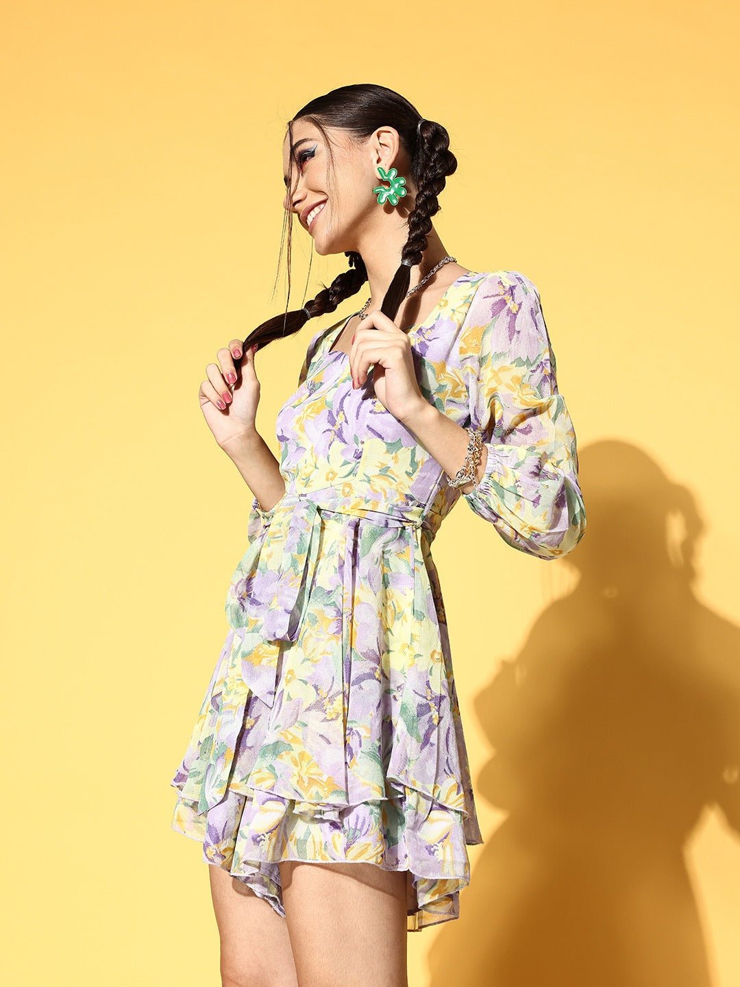 Folk Republic Women Purple & Yellow Floral Printed Sweetheart Neck Tie-Up Waist Layered Mini Jumpsuit - #folk republic#