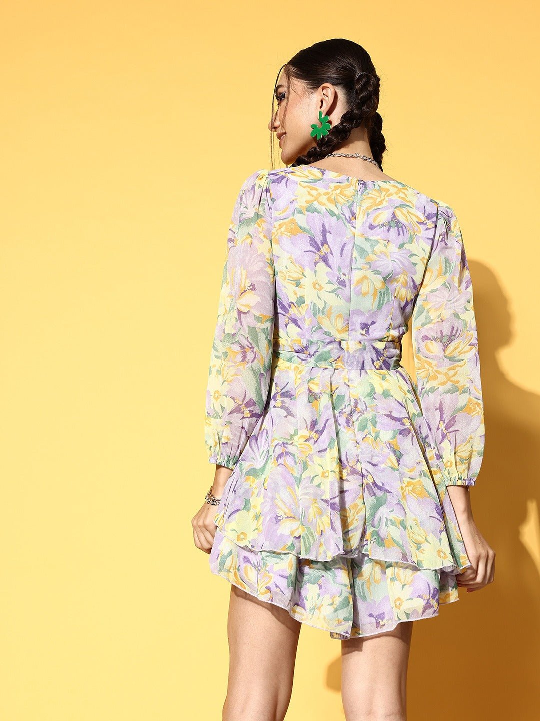 Folk Republic Women Purple & Yellow Floral Printed Sweetheart Neck Tie-Up Waist Layered Mini Jumpsuit - #folk republic#