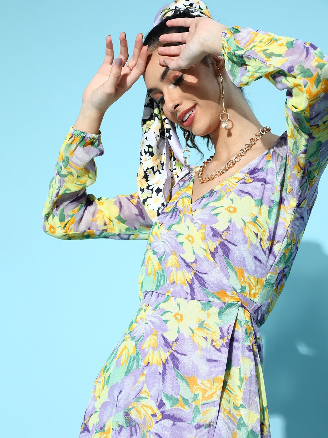 Folk Republic Women Purple & Yellow Floral Printed V-Neck Thigh-High Slit Flared Wrap Maxi Dress - #folk republic#