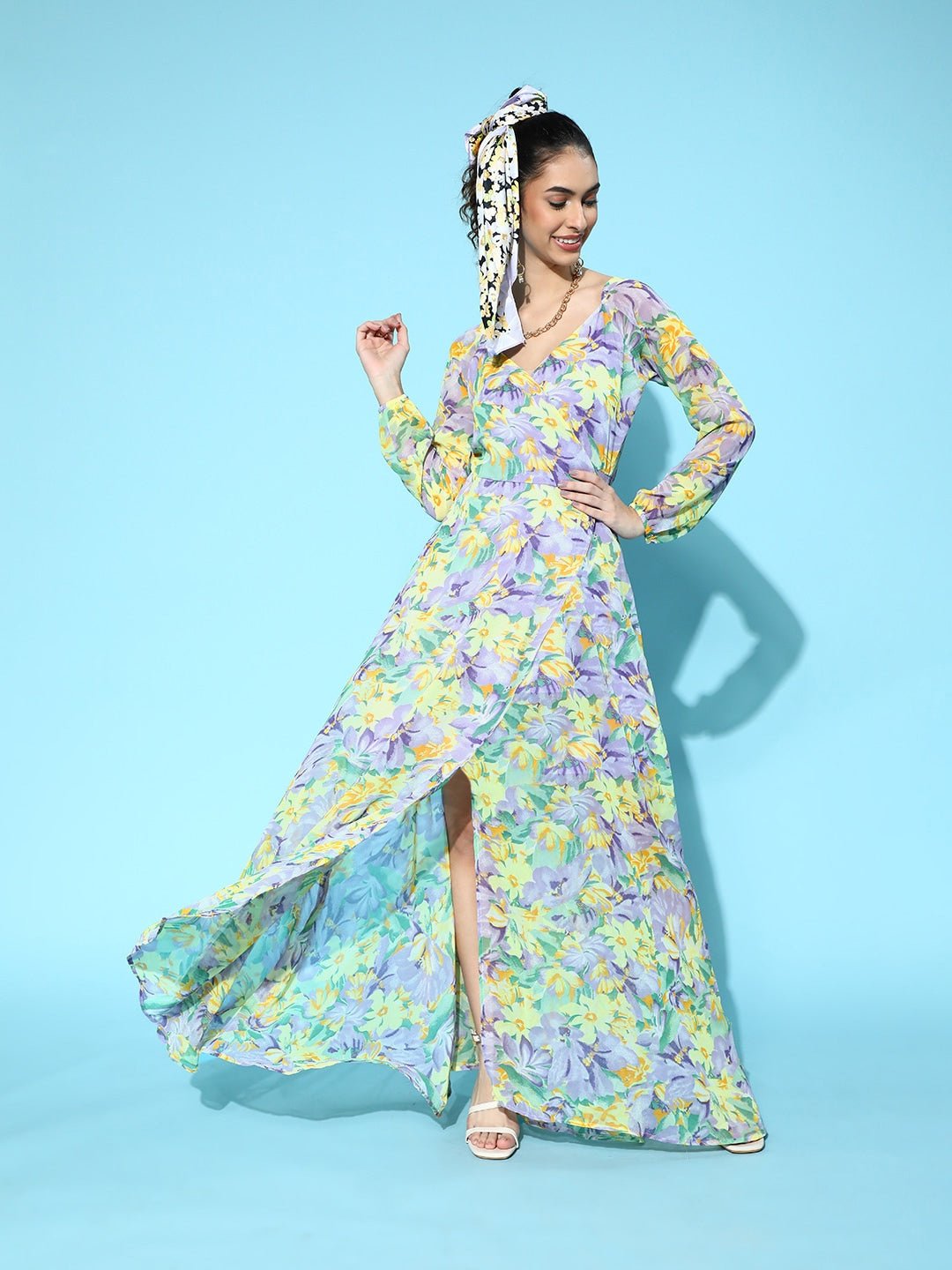 Folk Republic Women Purple & Yellow Floral Printed V-Neck Thigh-High Slit Flared Wrap Maxi Dress - #folk republic#