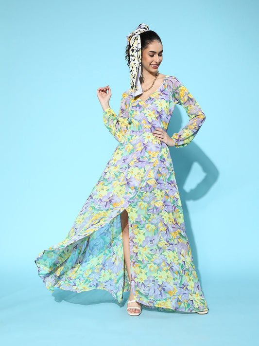 Folk Republic Women Purple & Yellow Floral Printed V-Neck Thigh-High Slit Flared Wrap Maxi Dress - #folk republic#