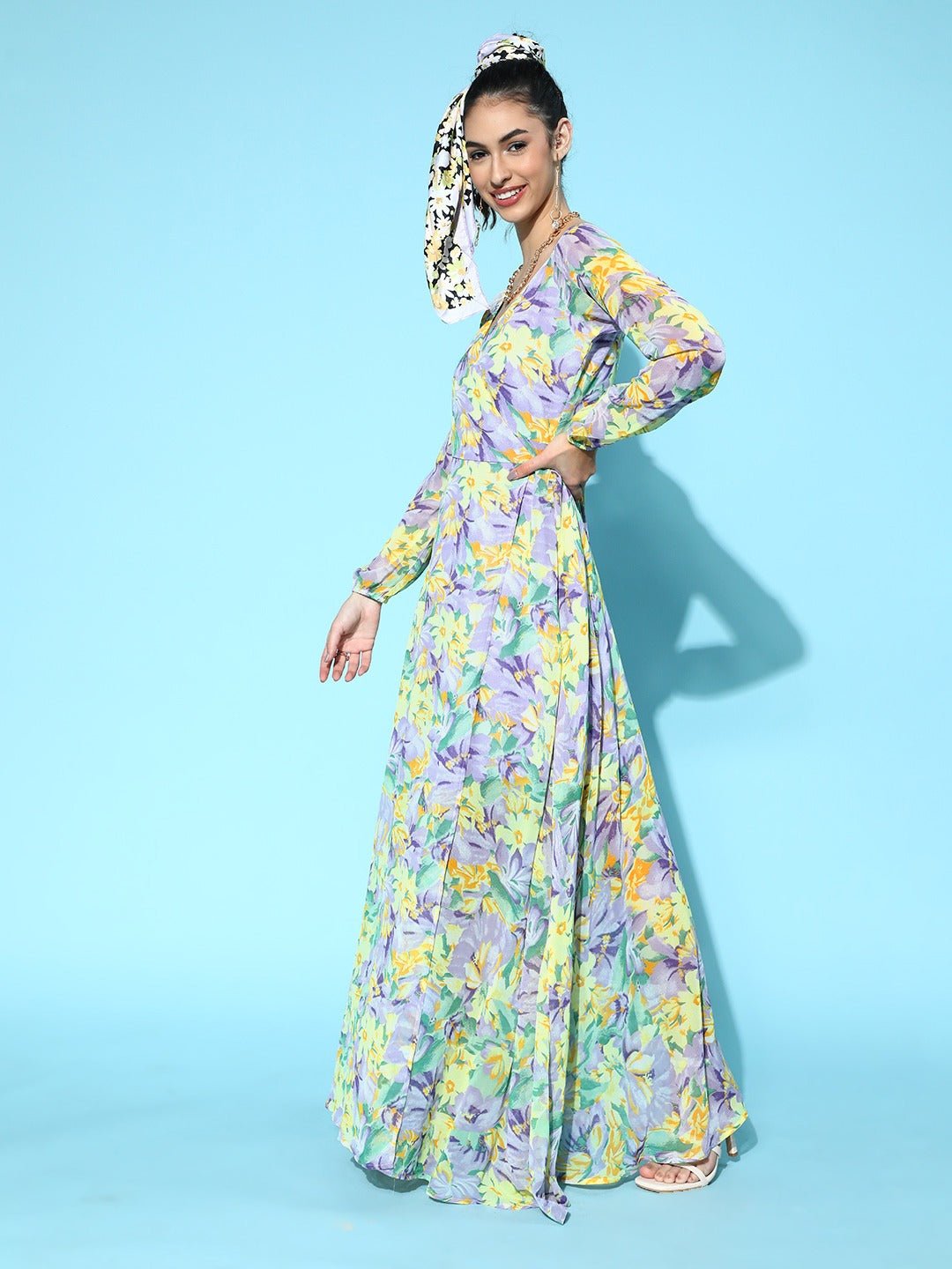 Folk Republic Women Purple & Yellow Floral Printed V-Neck Thigh-High Slit Flared Wrap Maxi Dress - #folk republic#