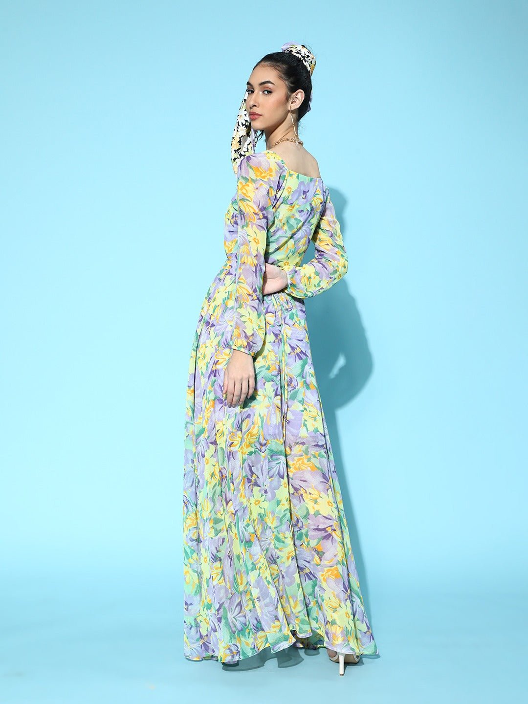 Folk Republic Women Purple & Yellow Floral Printed V-Neck Thigh-High Slit Flared Wrap Maxi Dress - #folk republic#