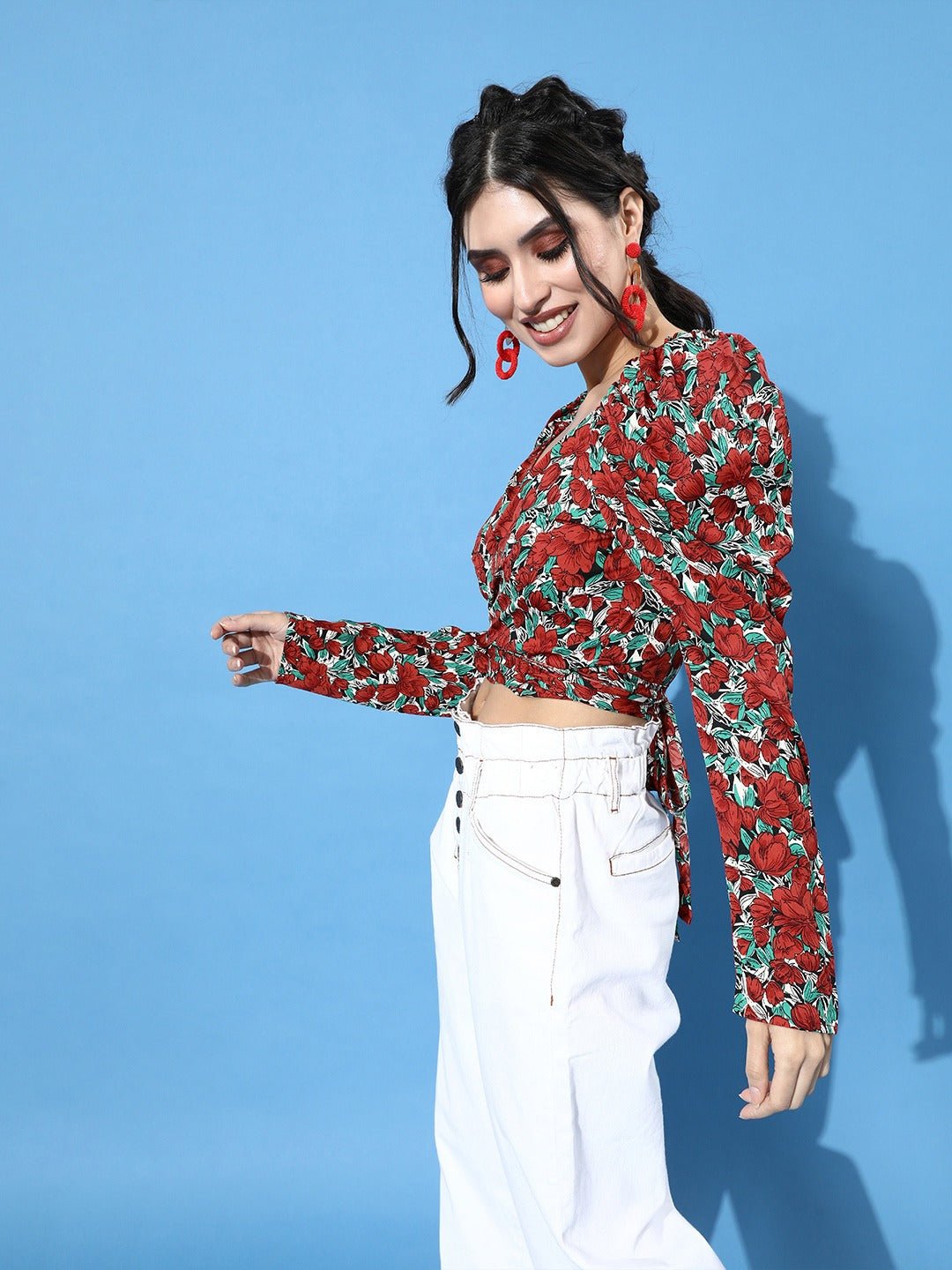Folk Republic Women Red & Black Floral Print Puff Sleeves Crepe Wrap Top - #folk republic#