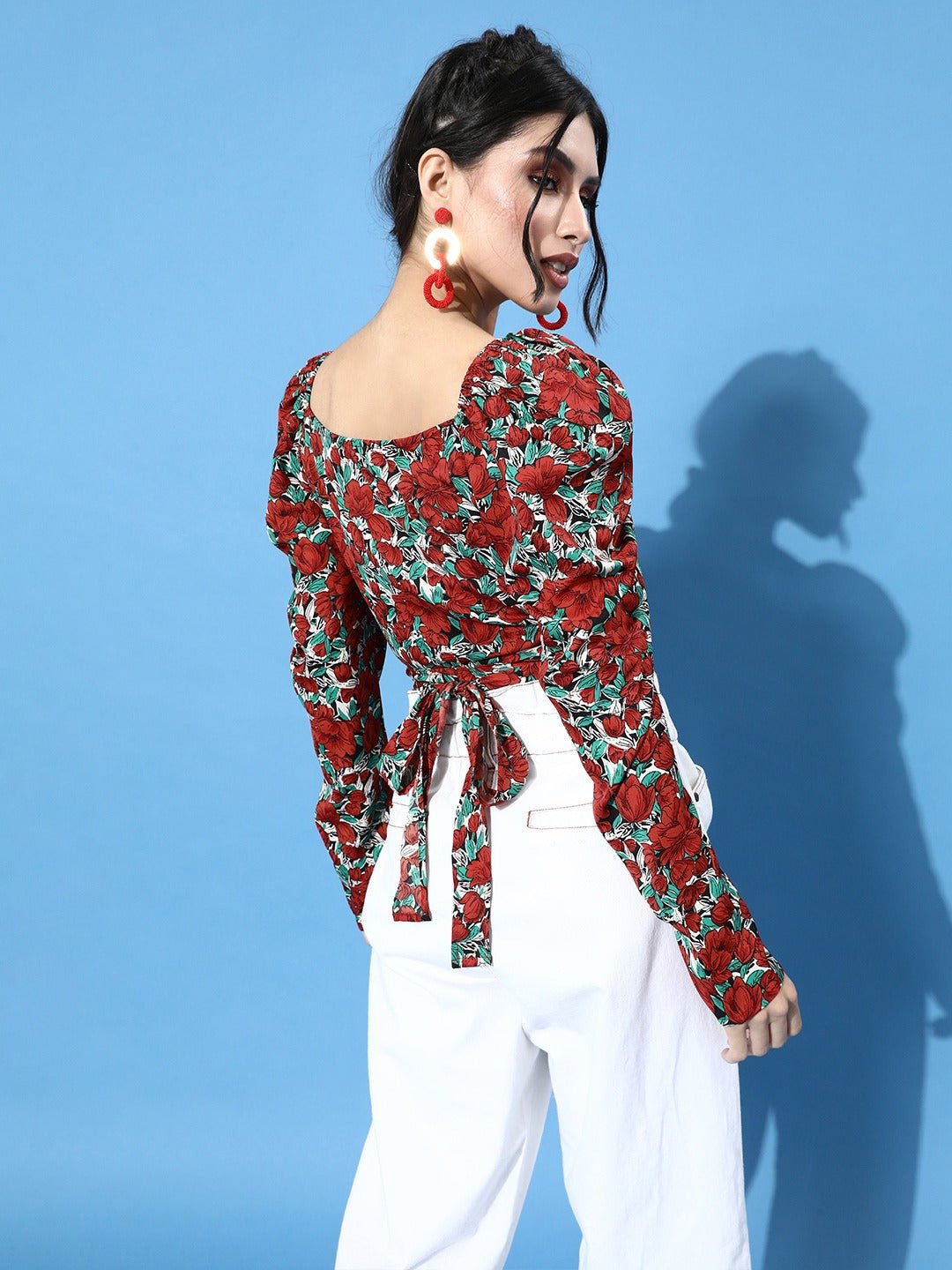 Folk Republic Women Red & Black Floral Print Puff Sleeves Crepe Wrap Top - #folk republic#