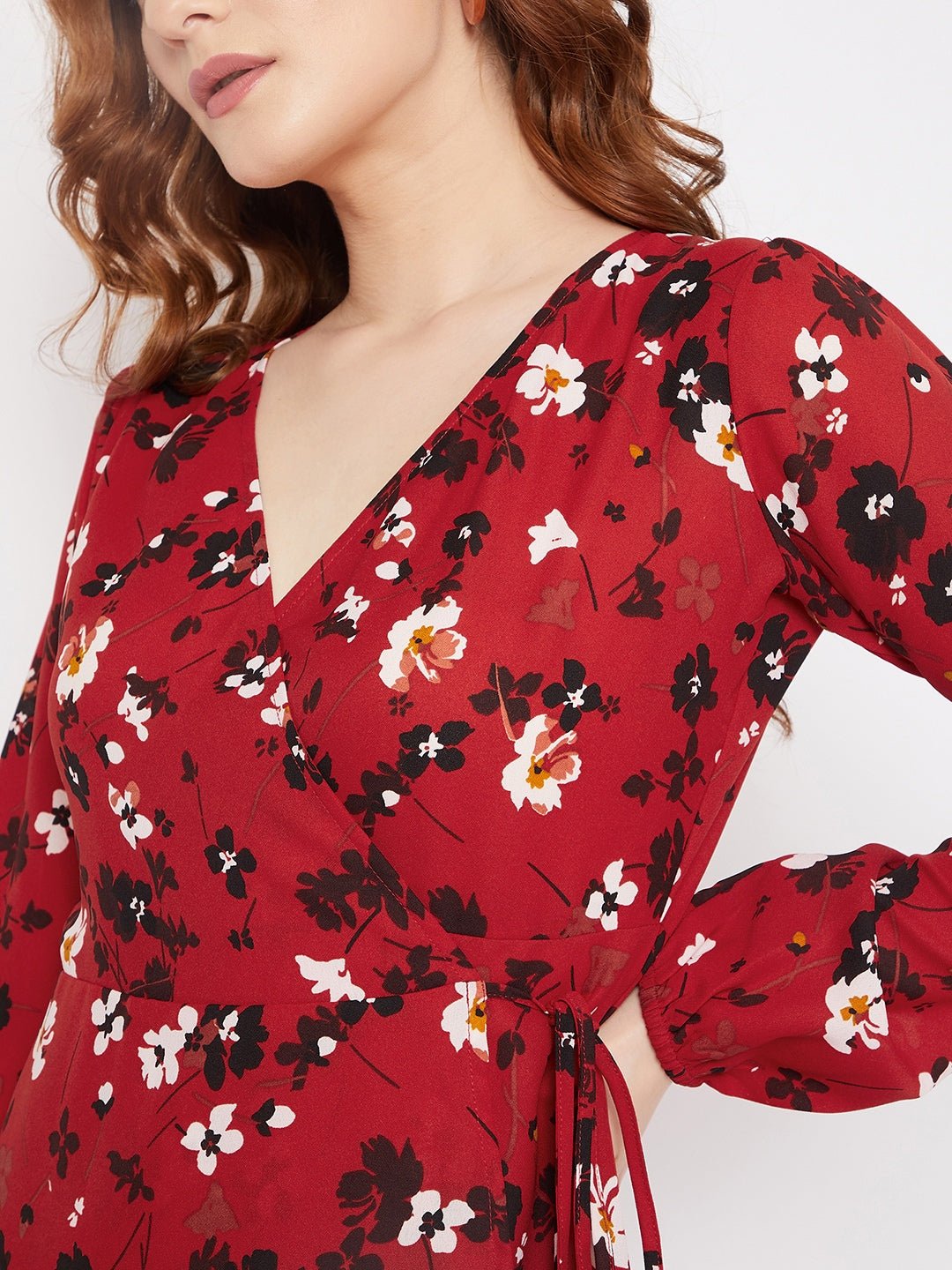 Folk Republic Women Red & Black Floral Printed V-Neck Fit & Flare Wrap Mini Dress - #folk republic#