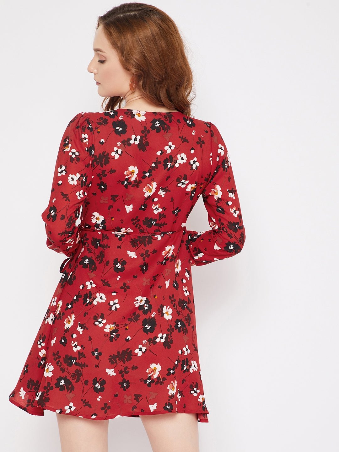Folk Republic Women Red & Black Floral Printed V-Neck Fit & Flare Wrap Mini Dress - #folk republic#