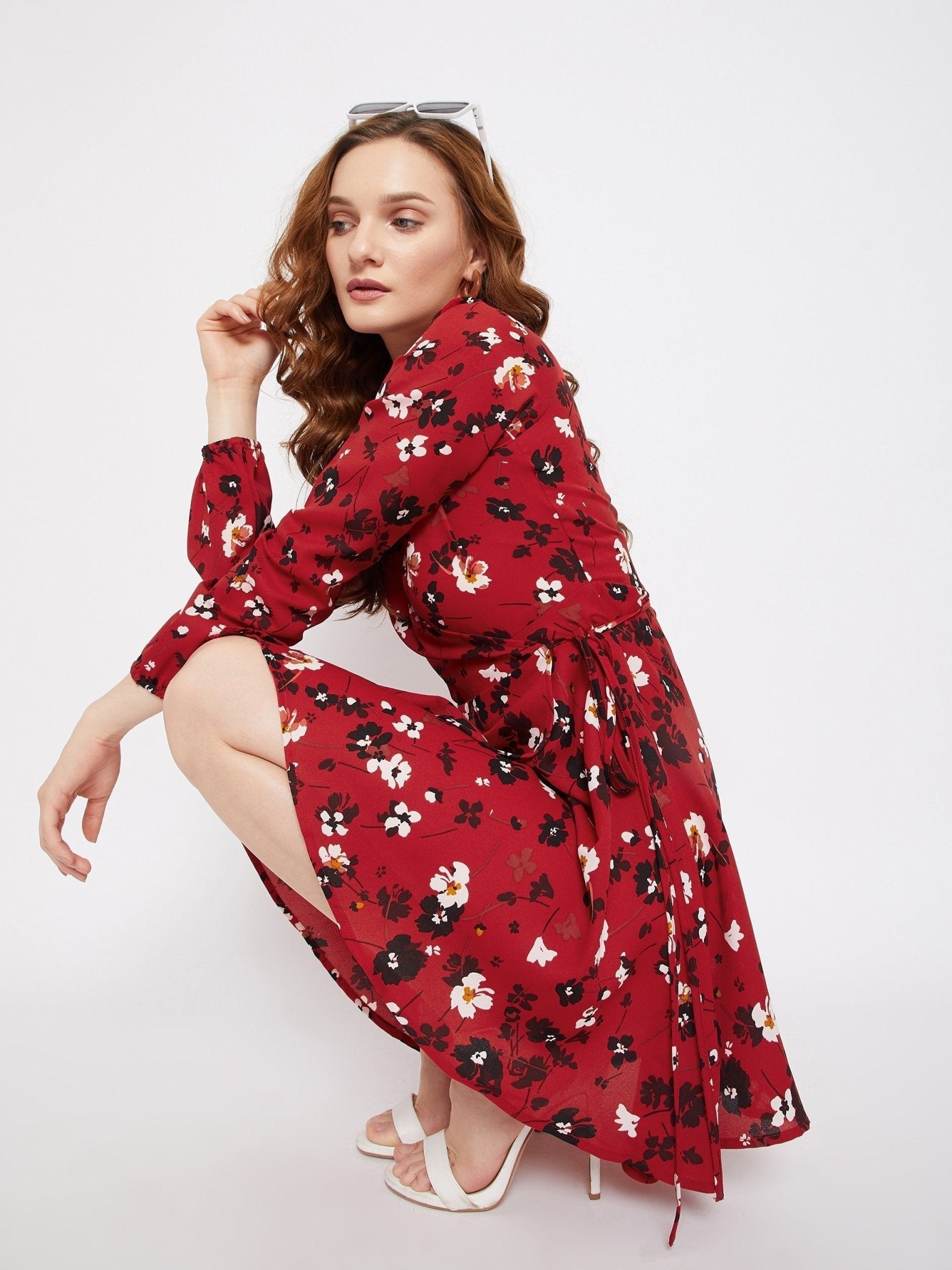 Folk Republic Women Red & Black Floral Printed V-Neck Fit & Flare Wrap Mini Dress - #folk republic#