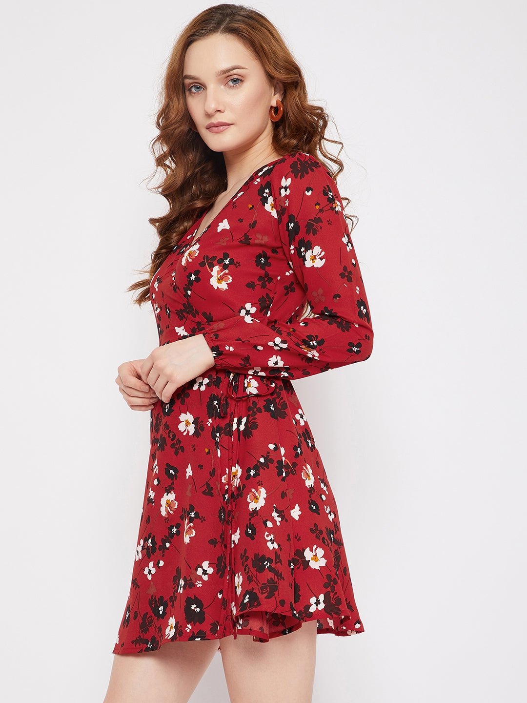 Folk Republic Women Red & Black Floral Printed V-Neck Fit & Flare Wrap Mini Dress - #folk republic#