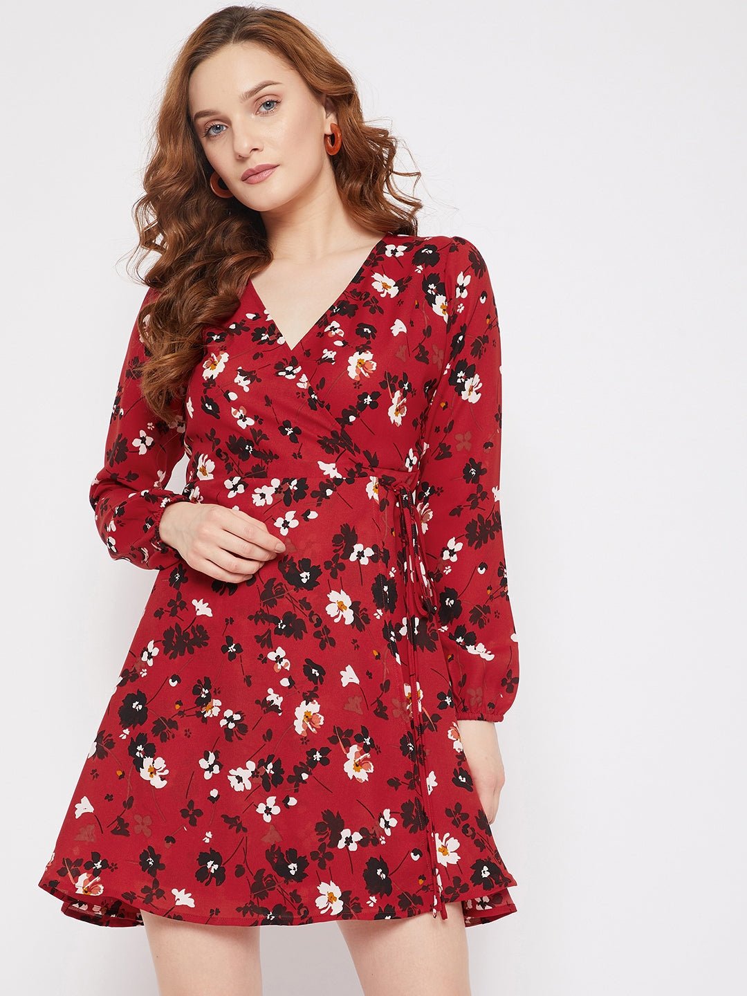 Folk Republic Women Red & Black Floral Printed V-Neck Fit & Flare Wrap Mini Dress - #folk republic#